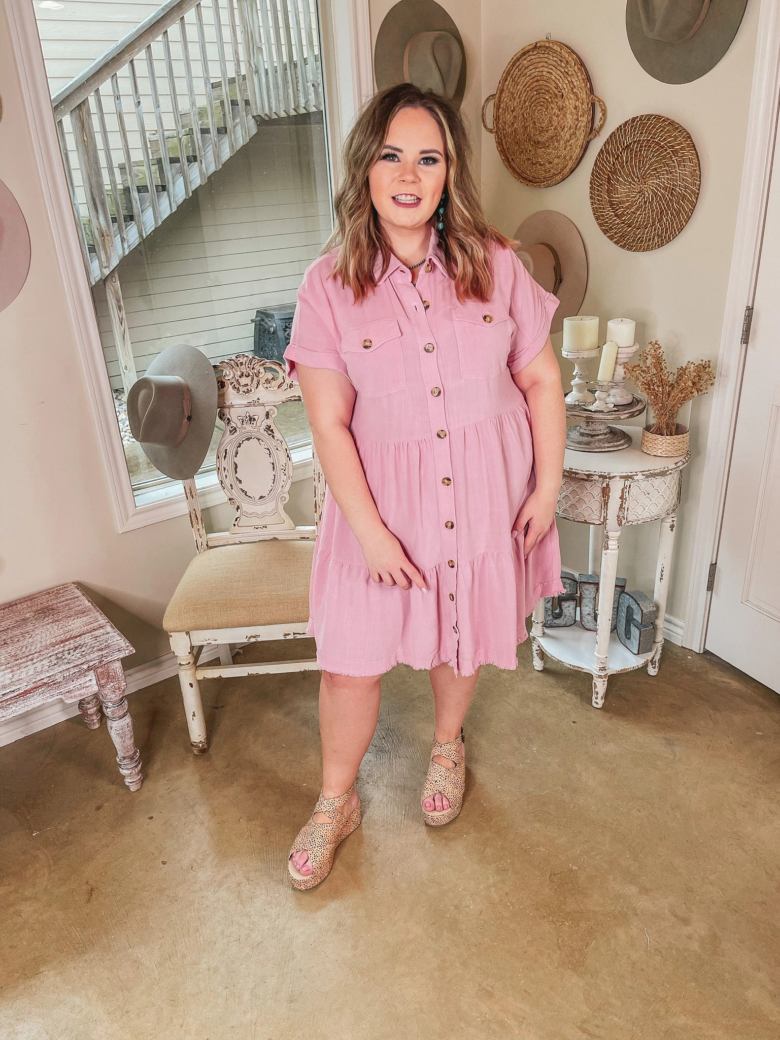 Stretchable Fabric AntiSnagTechnology Last Chance Size Small | Oh Darling Ruffle Tiered Button Up Dress in Pink