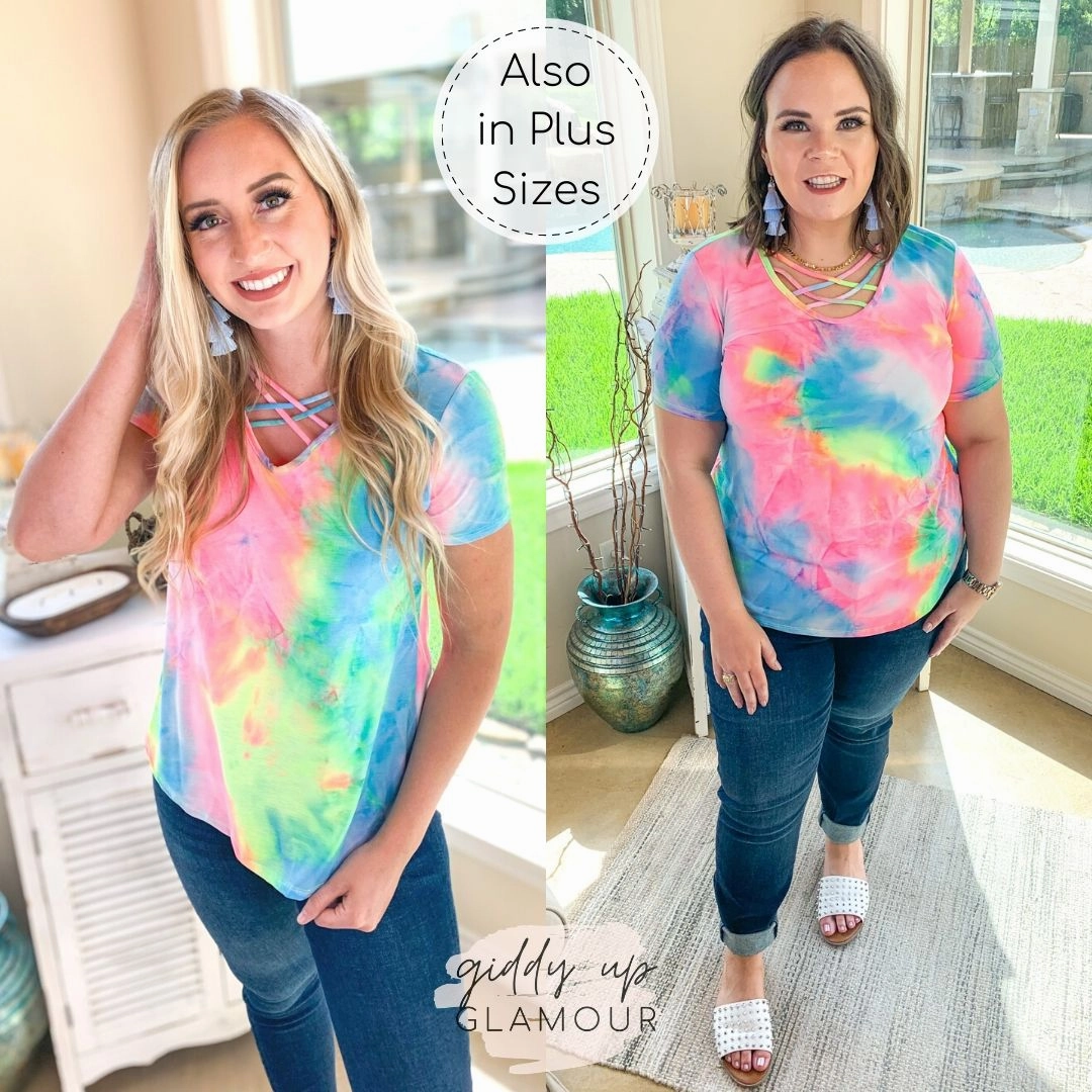 Last Chance Size Small | Over the Rainbow Short Sleeve Tie Dye Top with Criss Cross Neck in Yellow, Pink, and Blue SmoothEdgeTrim