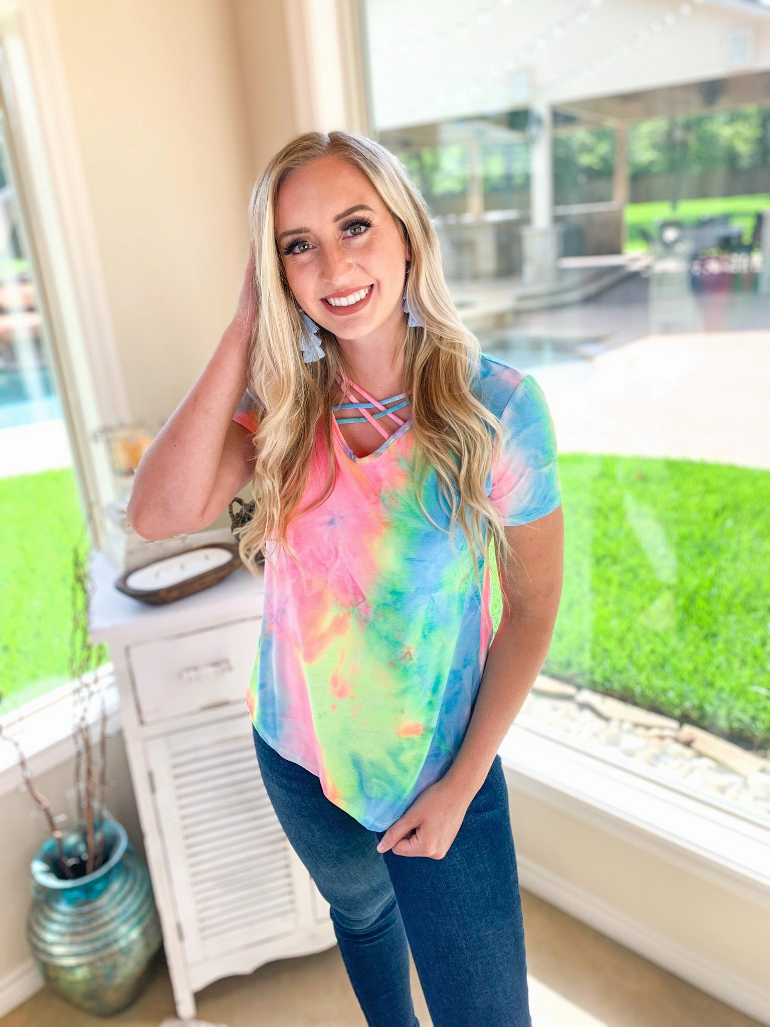 VersatileStyle Activewear Last Chance Size Small | Over the Rainbow Short Sleeve Tie Dye Top with Criss Cross Neck in Yellow, Pink, and Blue