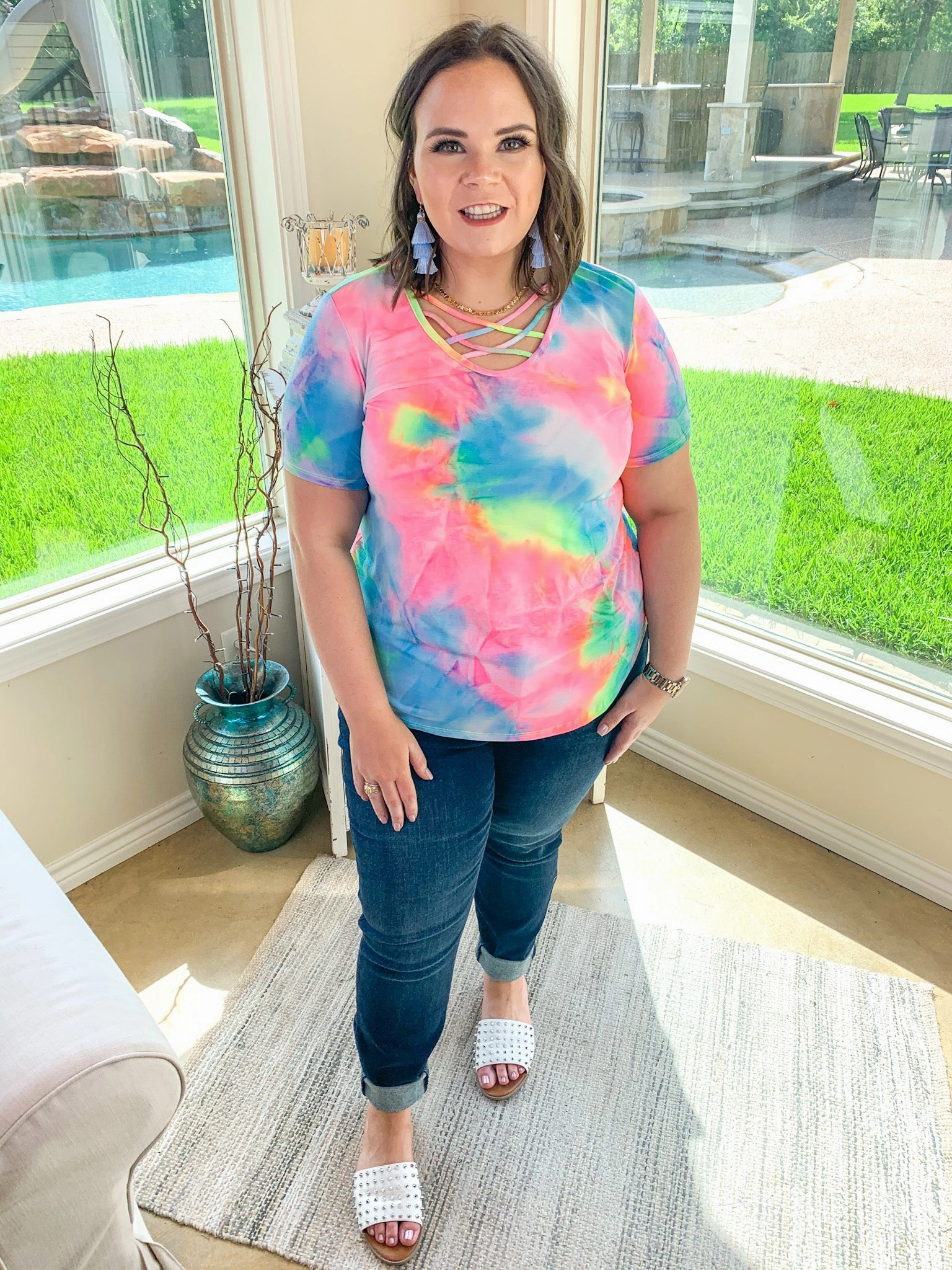 Last Chance Size Small | Over the Rainbow Short Sleeve Tie Dye Top with Criss Cross Neck in Yellow, Pink, and Blue FlexSeamTechnology Flexible Joints