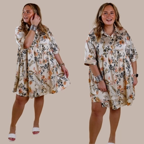 Last Chance Size Small | Ready To Flaunt Button Up Mix Print Satin Babydoll Dress in Ivory Transitional Clothing