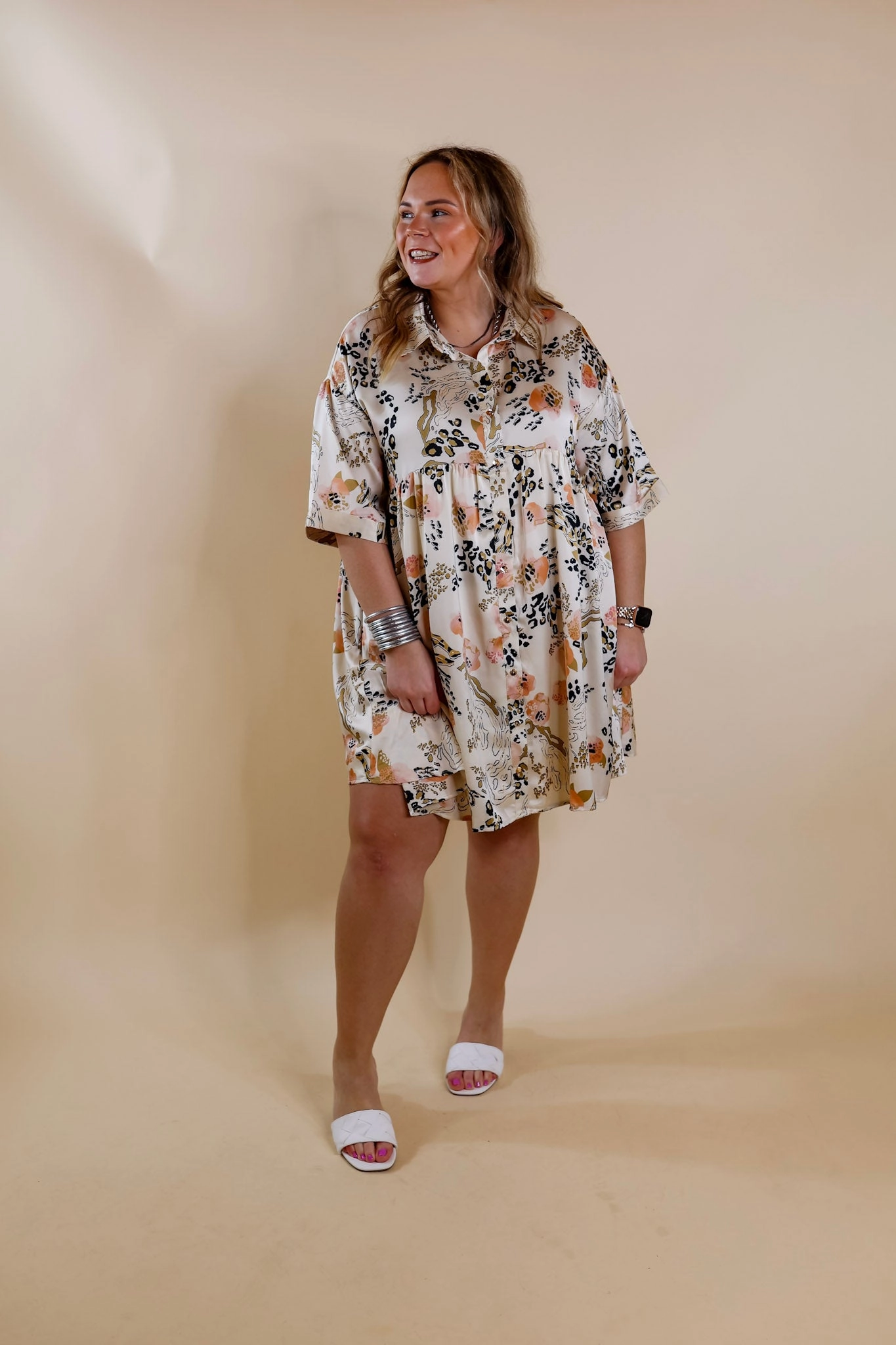 Lightweight Material Last Chance Size Small | Ready To Flaunt Button Up Mix Print Satin Babydoll Dress in Ivory