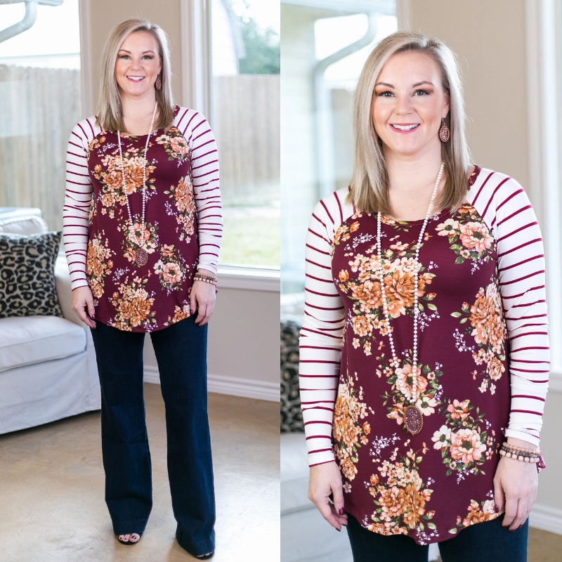 Travel Light Last Chance Size Small | Simple Favor Stripe and Floral Tunic Top in Maroon