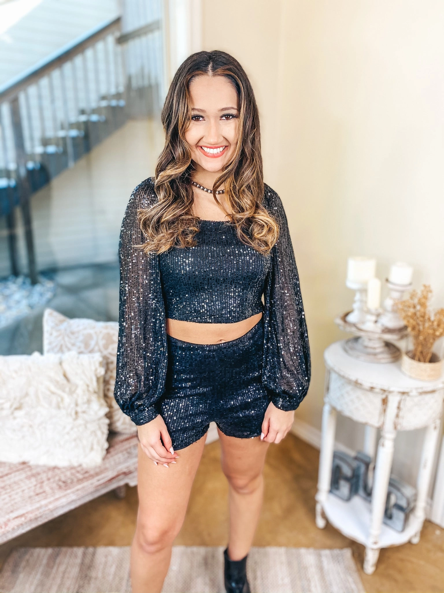 OdorControl Technology Last Chance Size Small | Sippin' Pretty Sequin Shorts in Black