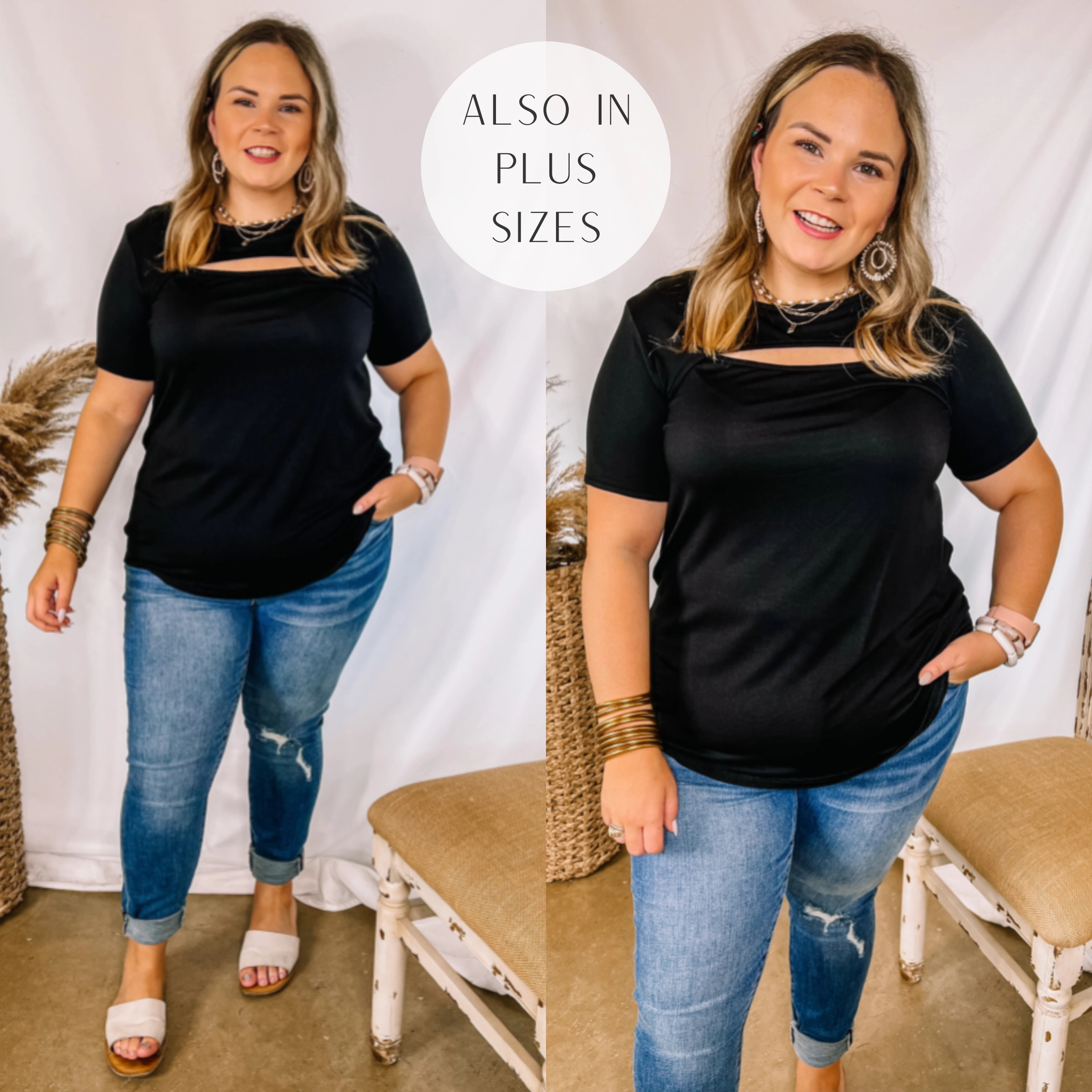 Casual Comfort Last Chance Size Small | Sneak Peak Keyhole Short Sleeve Top in Black