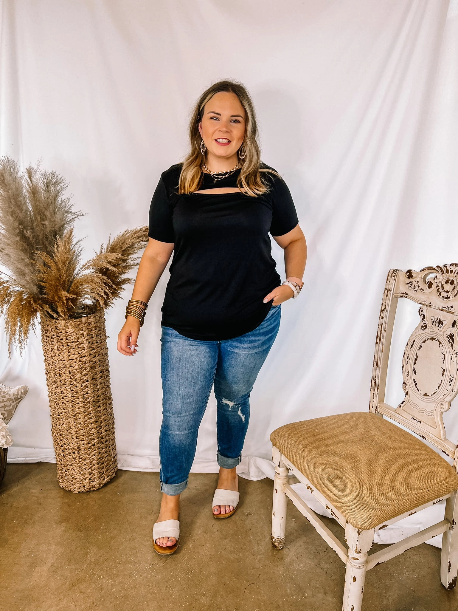 Morning Walk SheerLayeredPanels Last Chance Size Small | Sneak Peak Keyhole Short Sleeve Top in Black