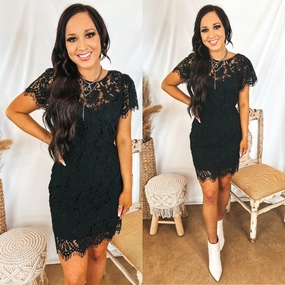 Last Chance Size Small | Social Butterfly Lace Overlay Fitted Dress in Black Saga Vibe Weather Ready