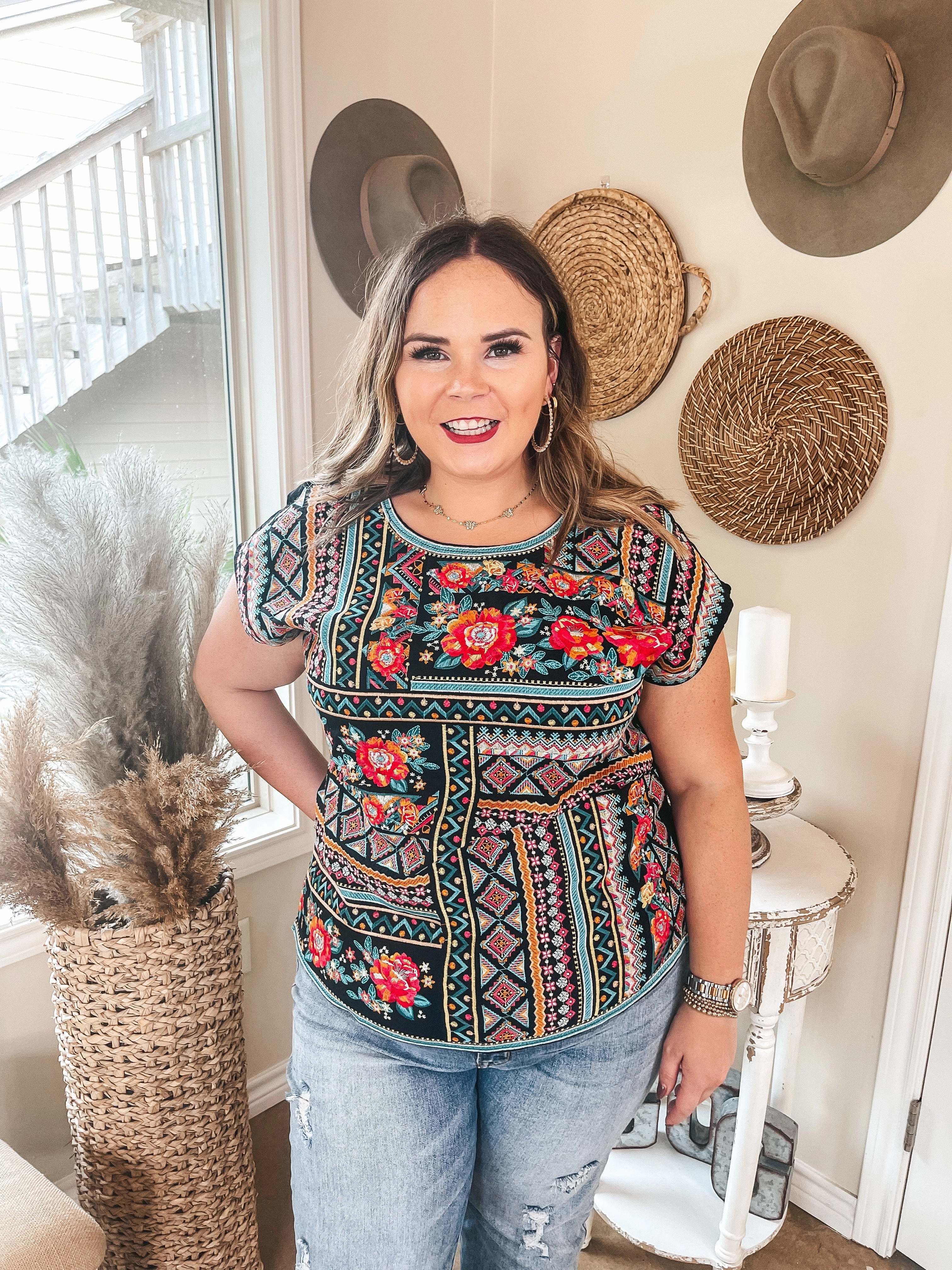 Last Chance Size Small | Sonoma Valley Bright Embroidered Short Sleeve Top in Black Reversible Layering Tech Built In Filter Layer