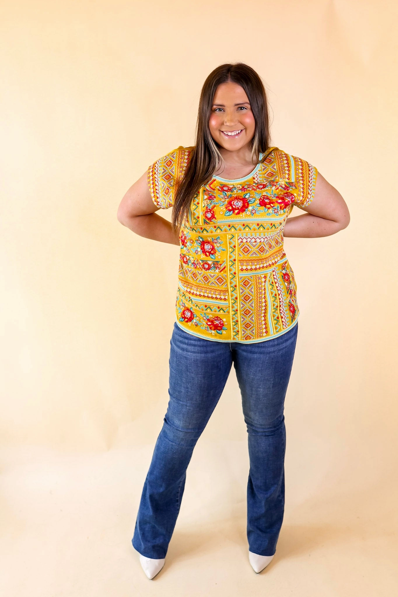 Last Chance Size Small | Sonoma Valley Bright Embroidered Short Sleeve Top in Marigold Yellow Weighted Hem