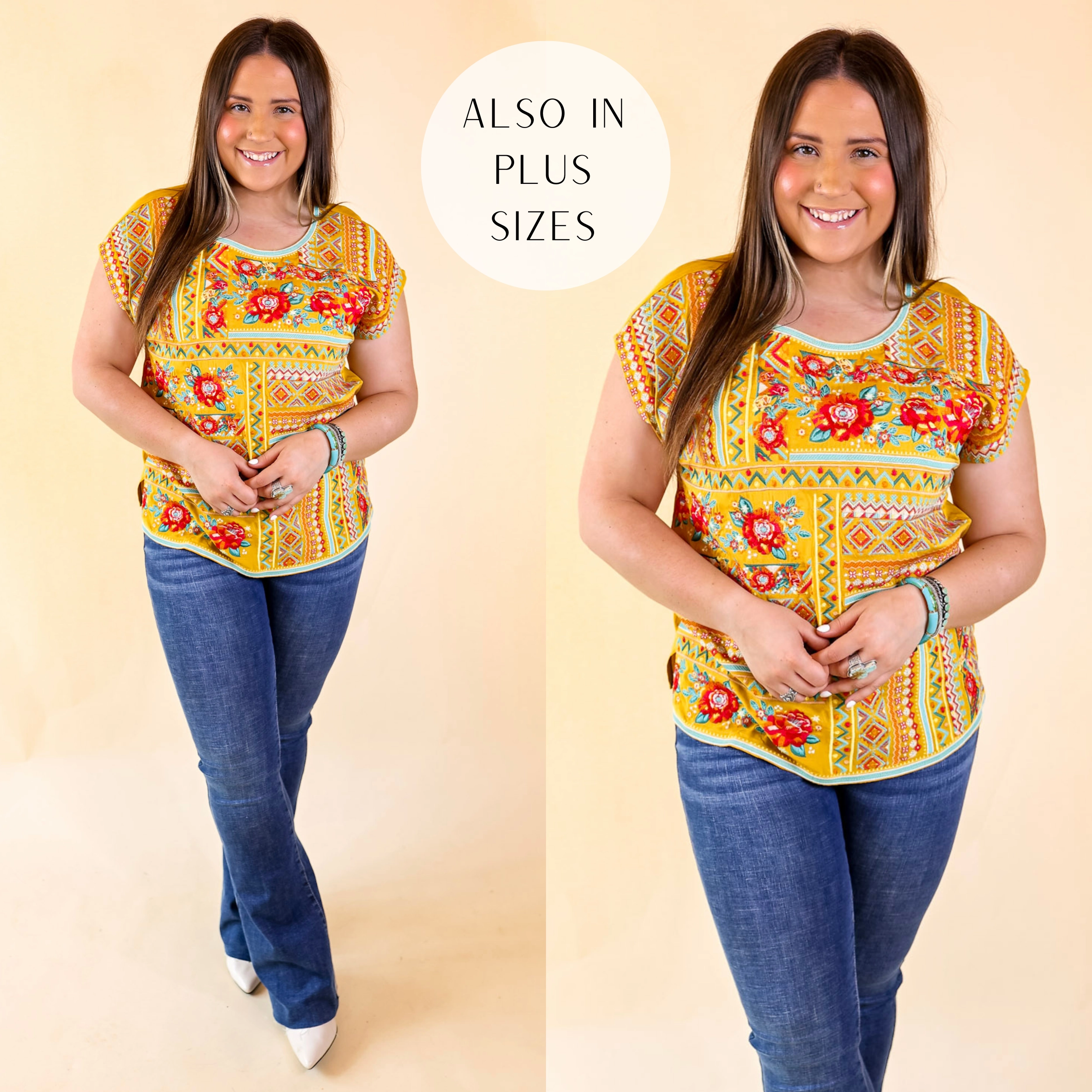 QuickDrying AllDayComfortFit Last Chance Size Small | Sonoma Valley Bright Embroidered Short Sleeve Top in Marigold Yellow