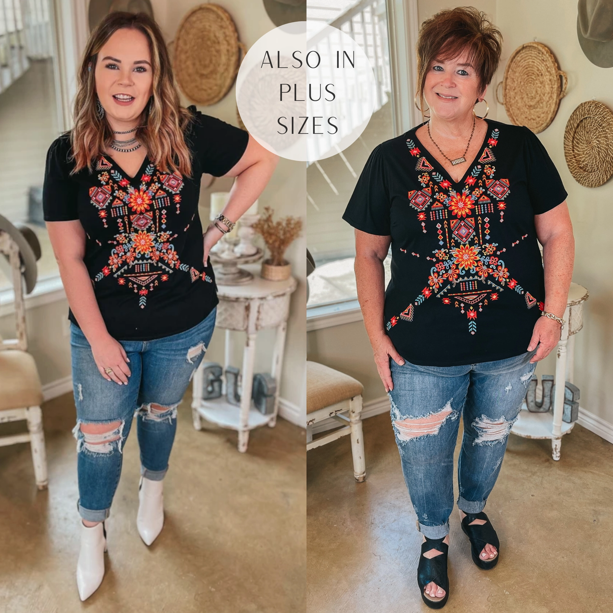 Last Chance Size Small | Southwest Senorita Embroidered Short Sleeve V Neck Top in Black SleevelessOption Wear Resistant Edge