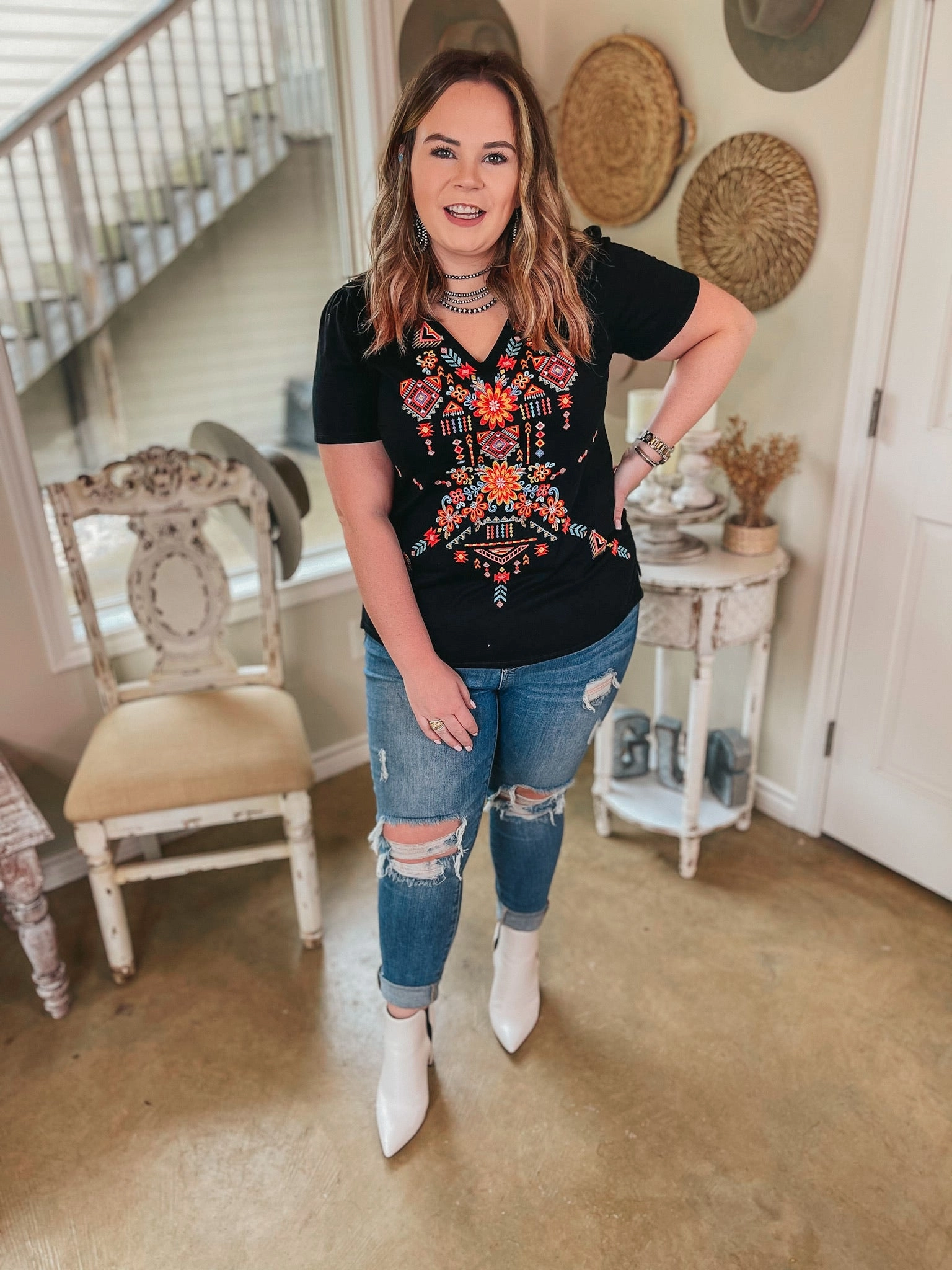 Last Chance Size Small | Southwest Senorita Embroidered Short Sleeve V Neck Top in Black HiddenZipper casual top