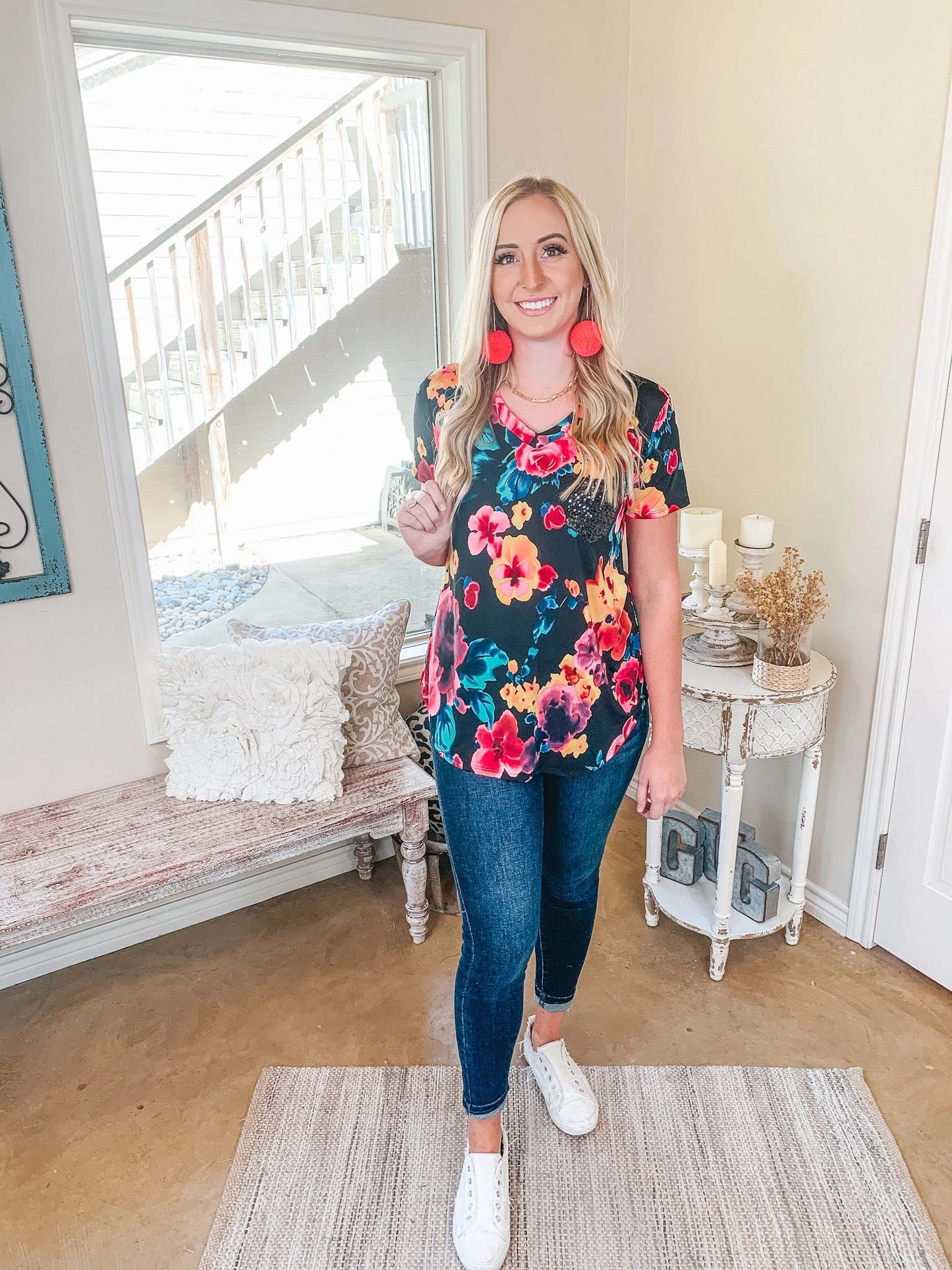 Stylish Shoes Last Chance Size Small | Sparkle Just Right Floral Sequin Pocket Tee in Black