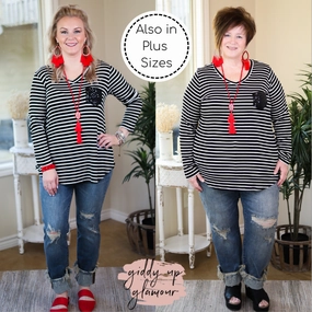 Last Chance Size Small | Sparkle Just Right Sequin Long Sleeve Striped Pocket Tee in Black Glow Up Reinforced Hem