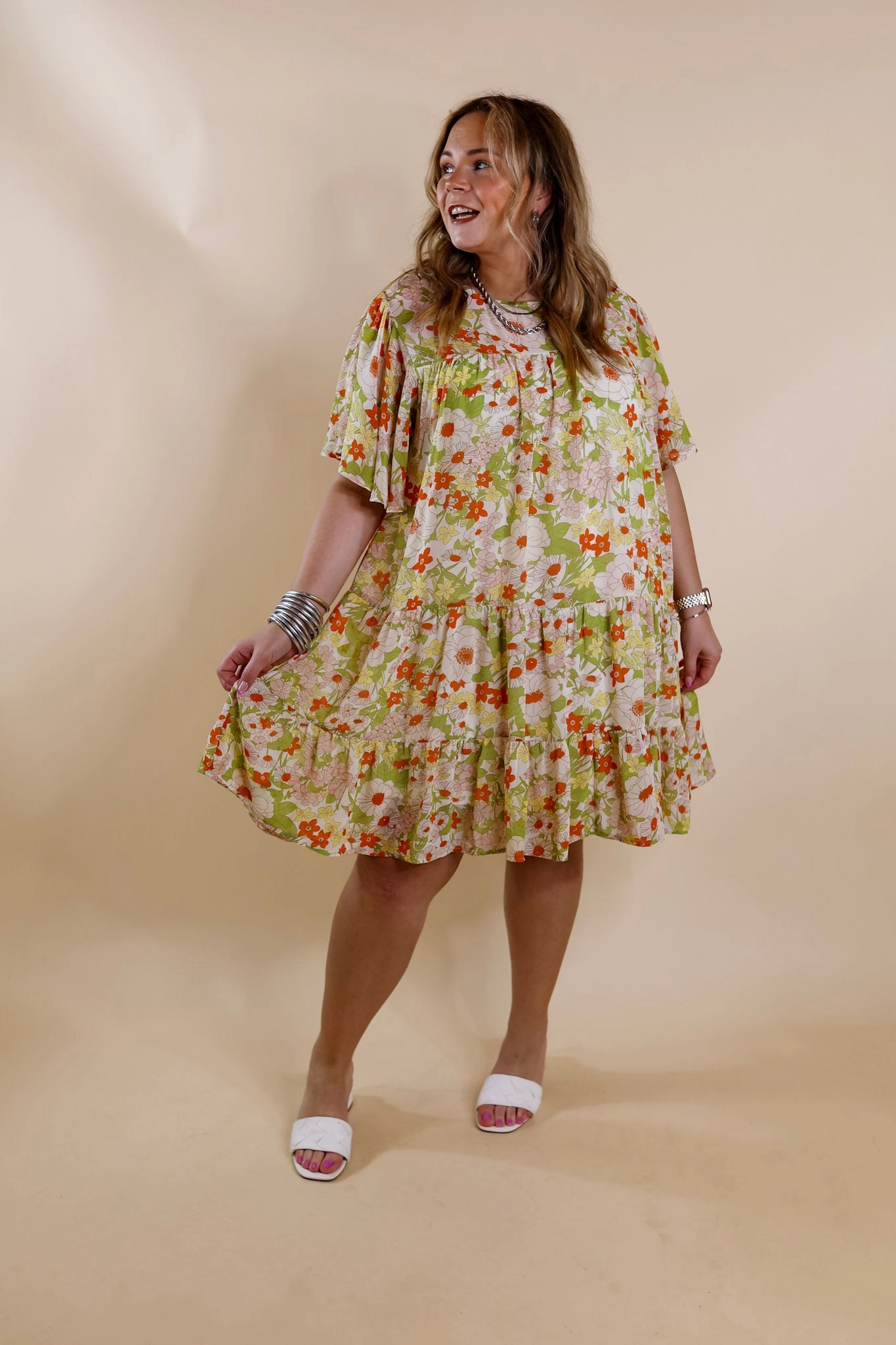 Last Chance Size Small | State of Bliss Ruffle Tiered Floral Dress in Lime Green and Orange FlatlockSeaming