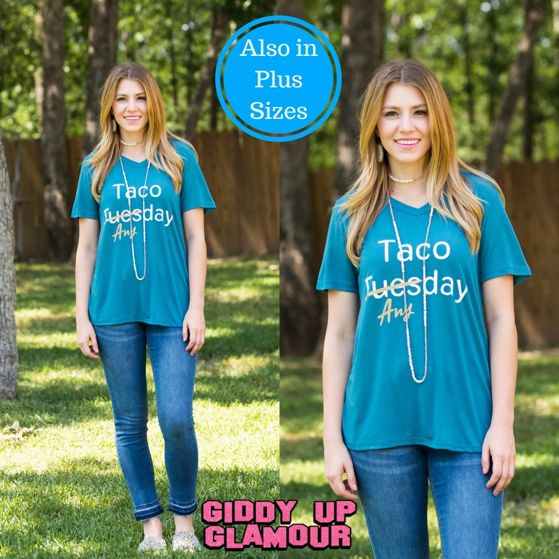 Flexible Fabric Blend Soft Blouse Last Chance Size Small | Taco Any Day Short Sleeve V-Neck Tee Shirt in Teal