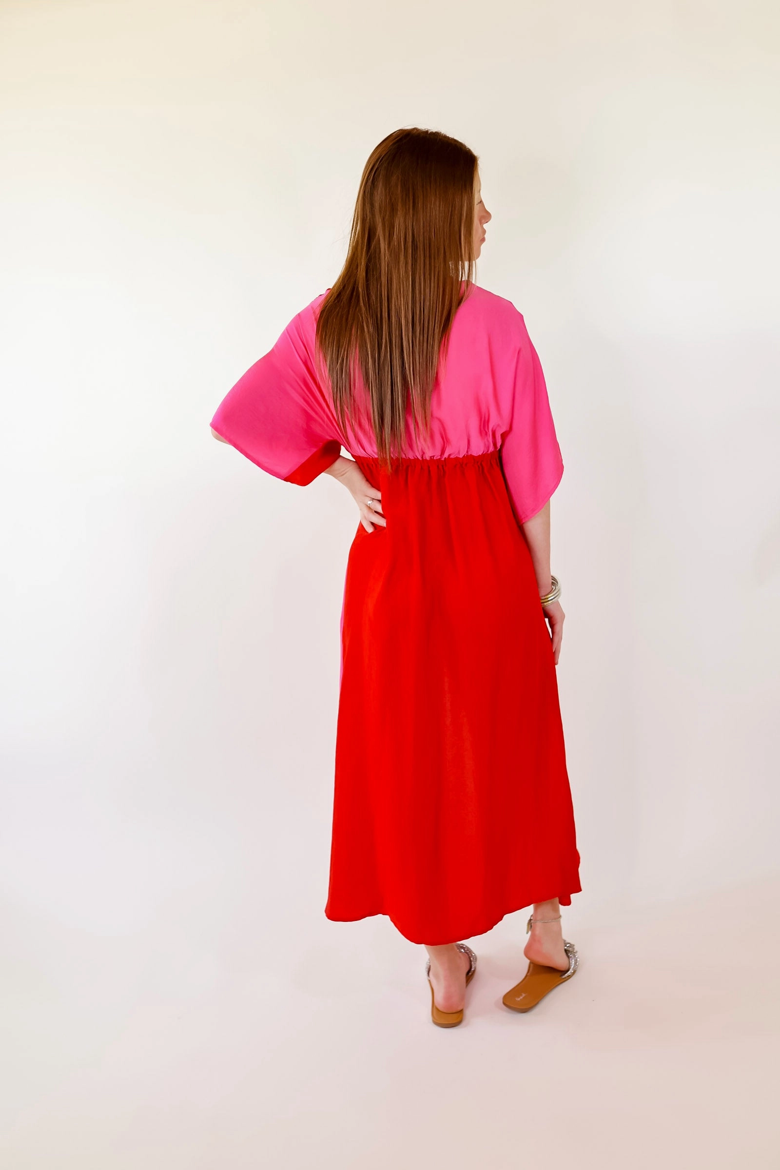 Creative Glow Last Chance Size Small | Take My Breath Away Front Knot Color Block Midi Dress in Red and Pink