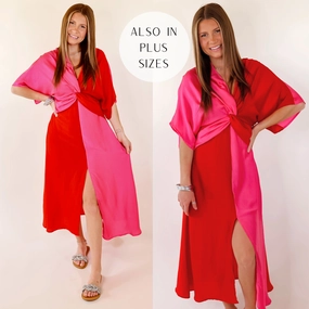 Last Chance Size Small | Take My Breath Away Front Knot Color Block Midi Dress in Red and Pink Carry Ease StretchFree
