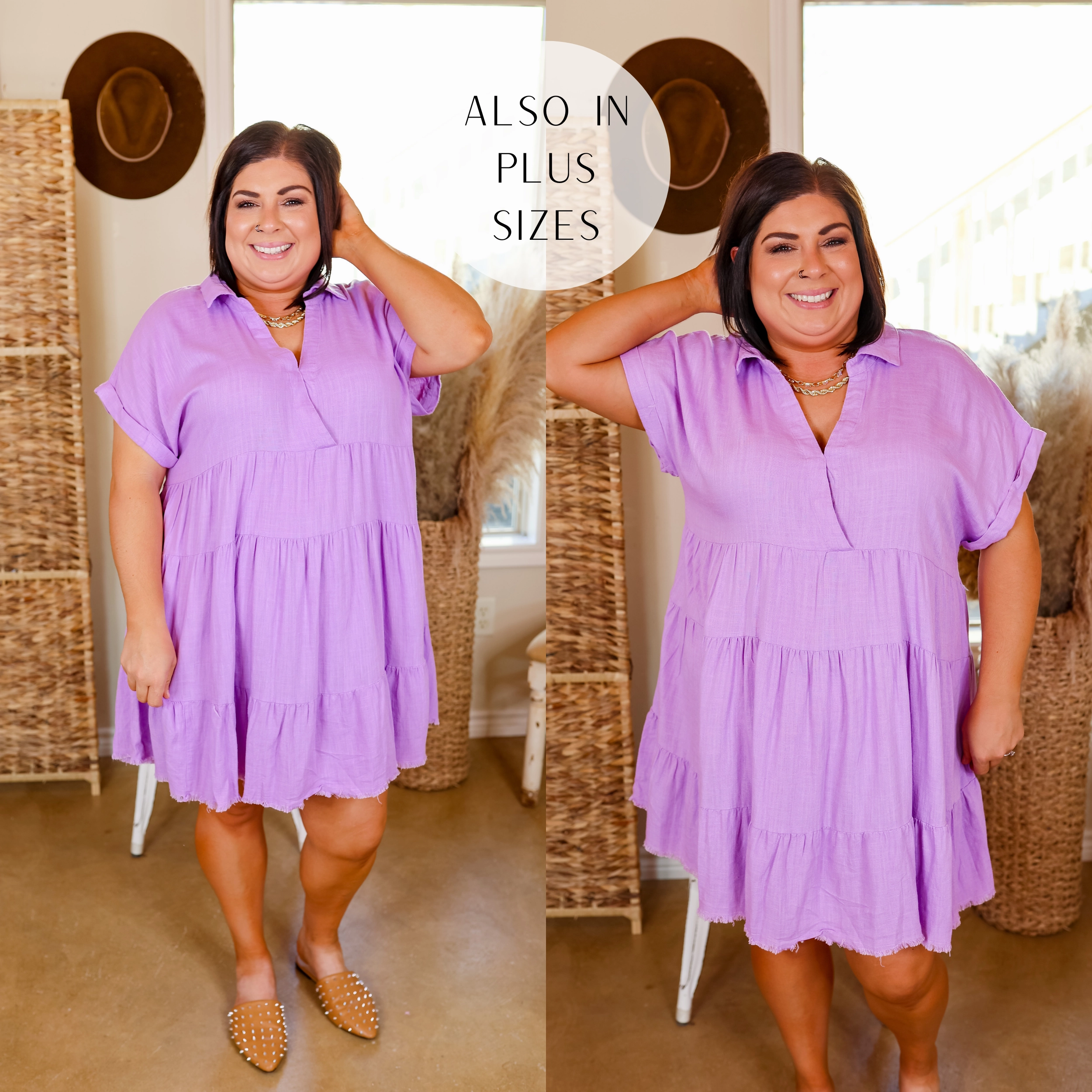 Cozy Cardigan Last Chance Size Small | Taos Transitions Ruffle Tiered Collared Dress with Frayed Hem in Lavender Purple