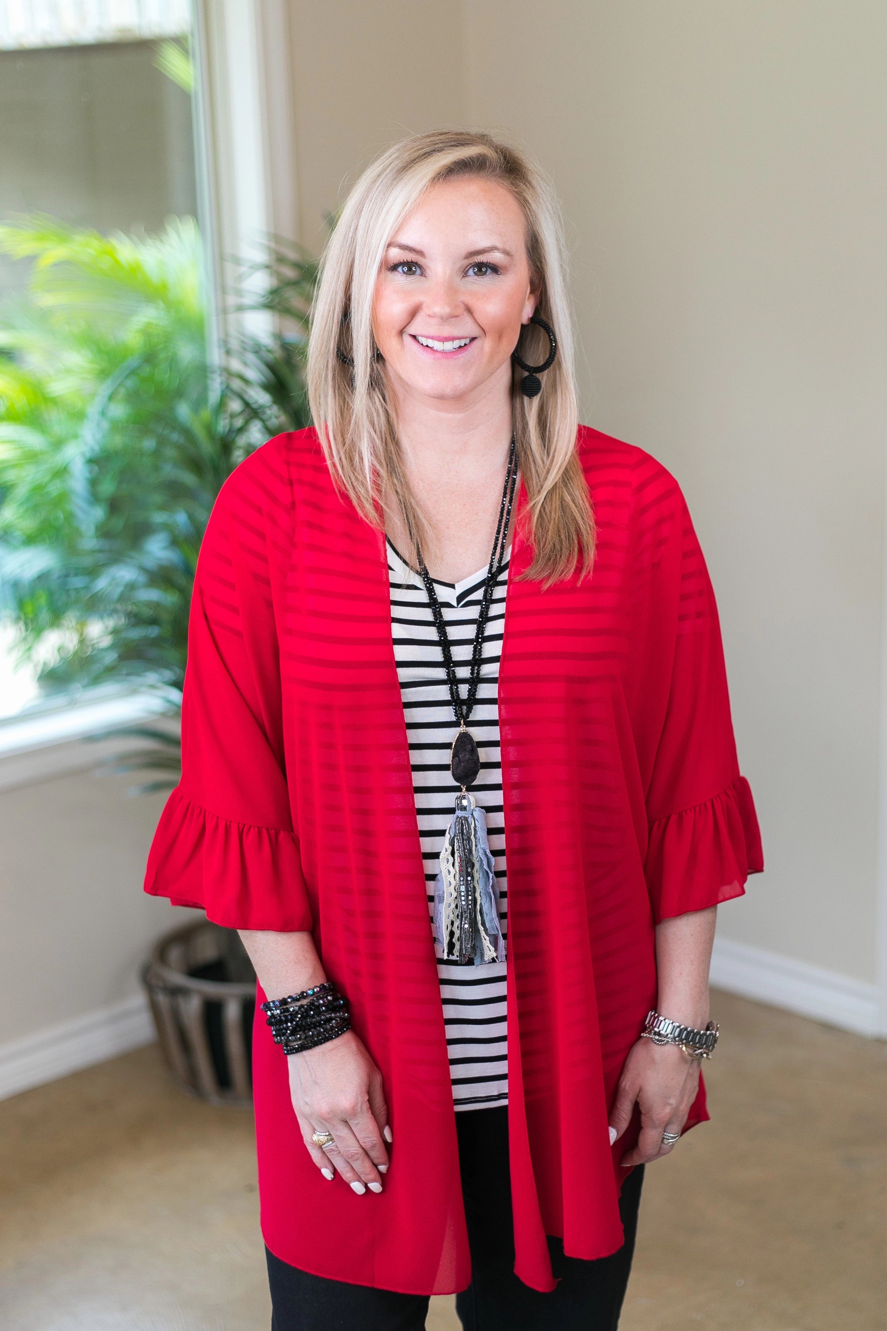 Last Chance Size Small | Tell Me About It Sheer Kimono with Ruffle Sleeves in Red Car Cool Daily Style