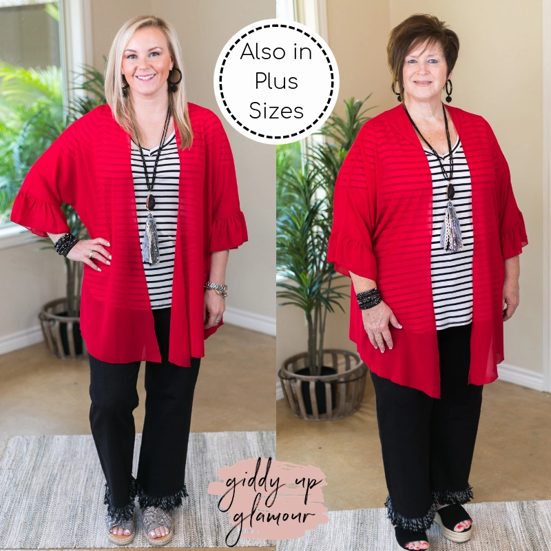 FadeResistantDye Glass Fit Last Chance Size Small | Tell Me About It Sheer Kimono with Ruffle Sleeves in Red