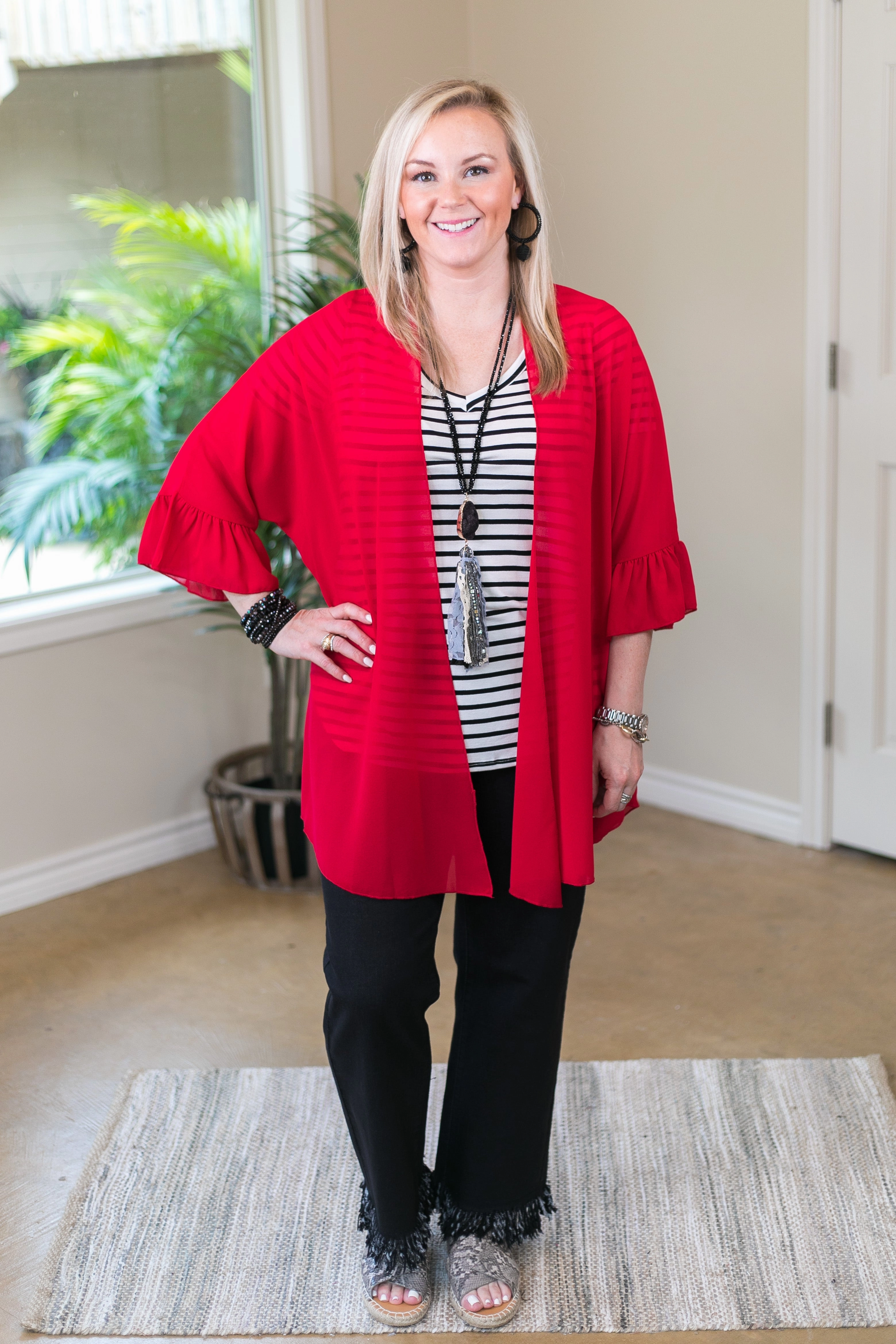 Last Chance Size Small | Tell Me About It Sheer Kimono with Ruffle Sleeves in Red AntimicrobialTreatment