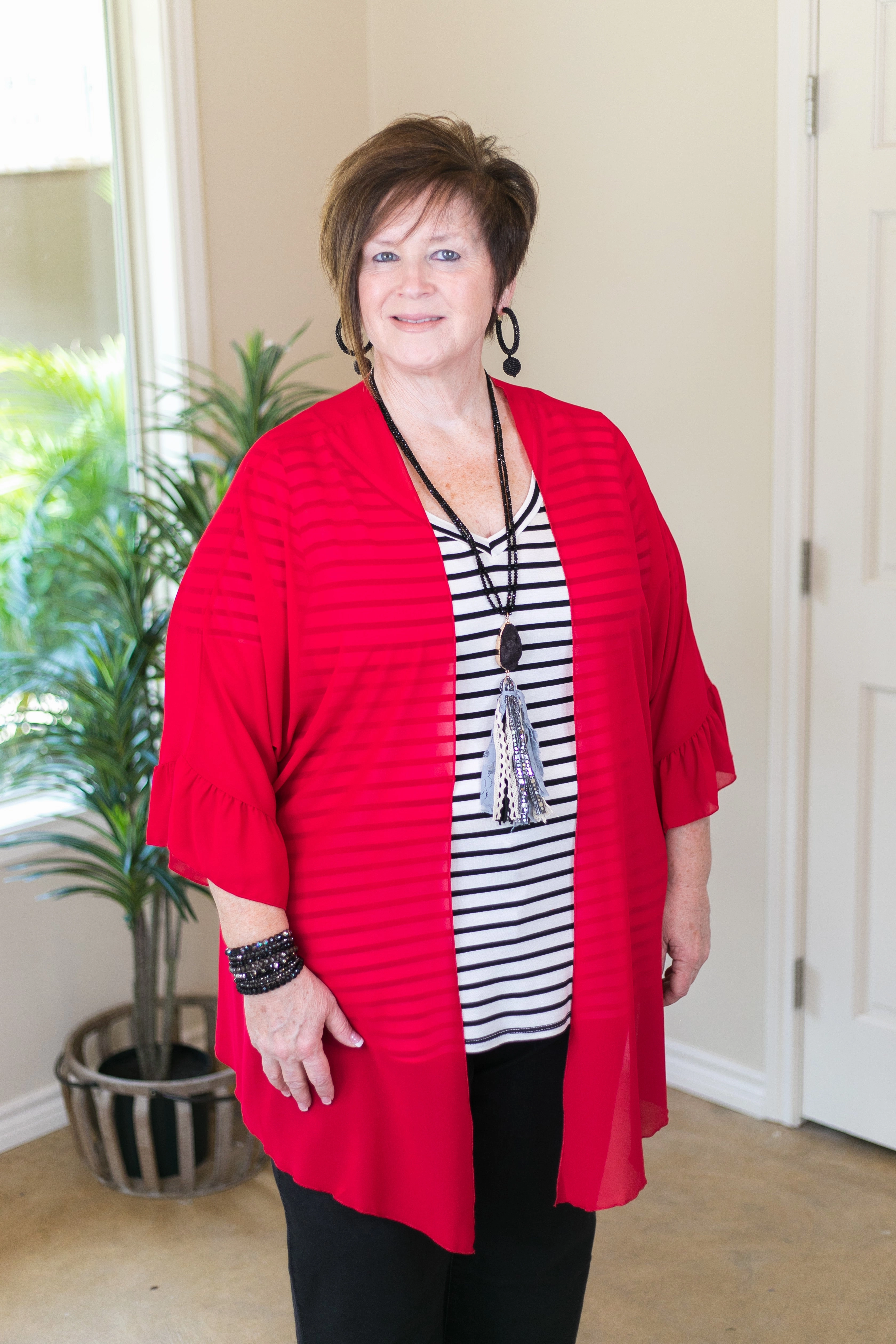 SeamlessConstruction Last Chance Size Small | Tell Me About It Sheer Kimono with Ruffle Sleeves in Red