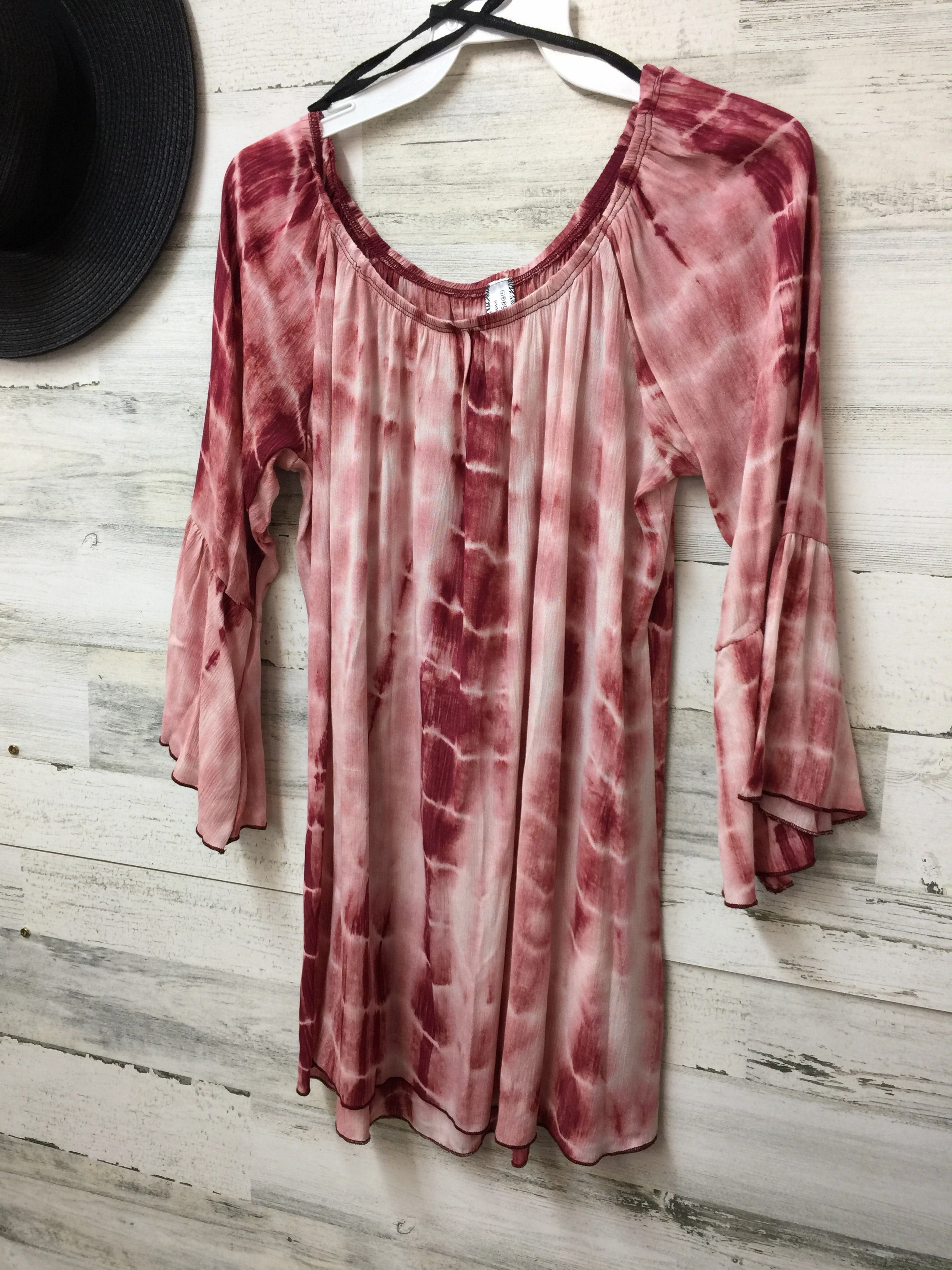Last Chance Size Small | Tie Dye Off the Shoulder Tunic Top in Maroon Timeless Fashion