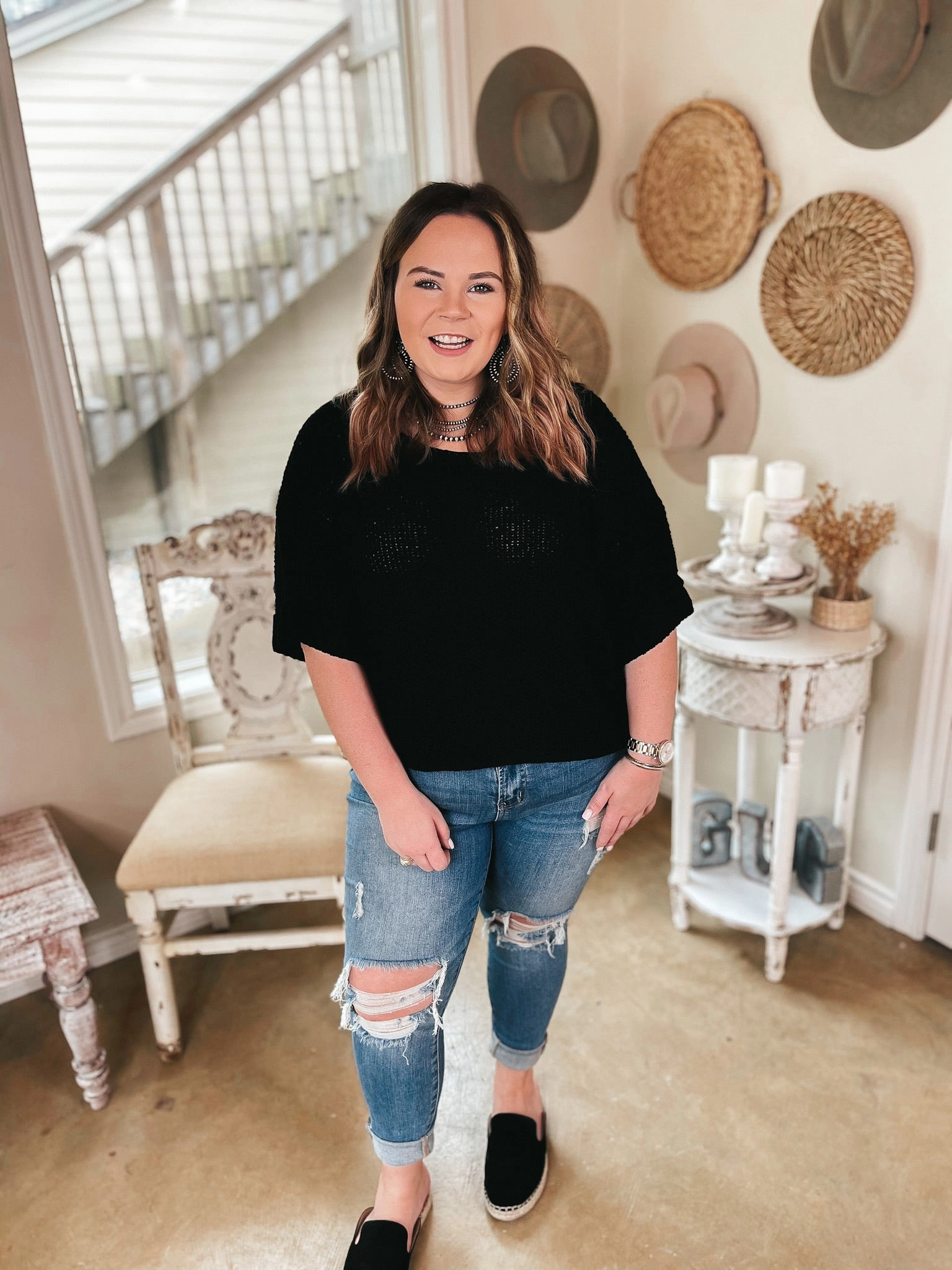 Last Chance Size Small | Together Again Short Drop Sleeve Cropped Sweater in Black Pure Fit