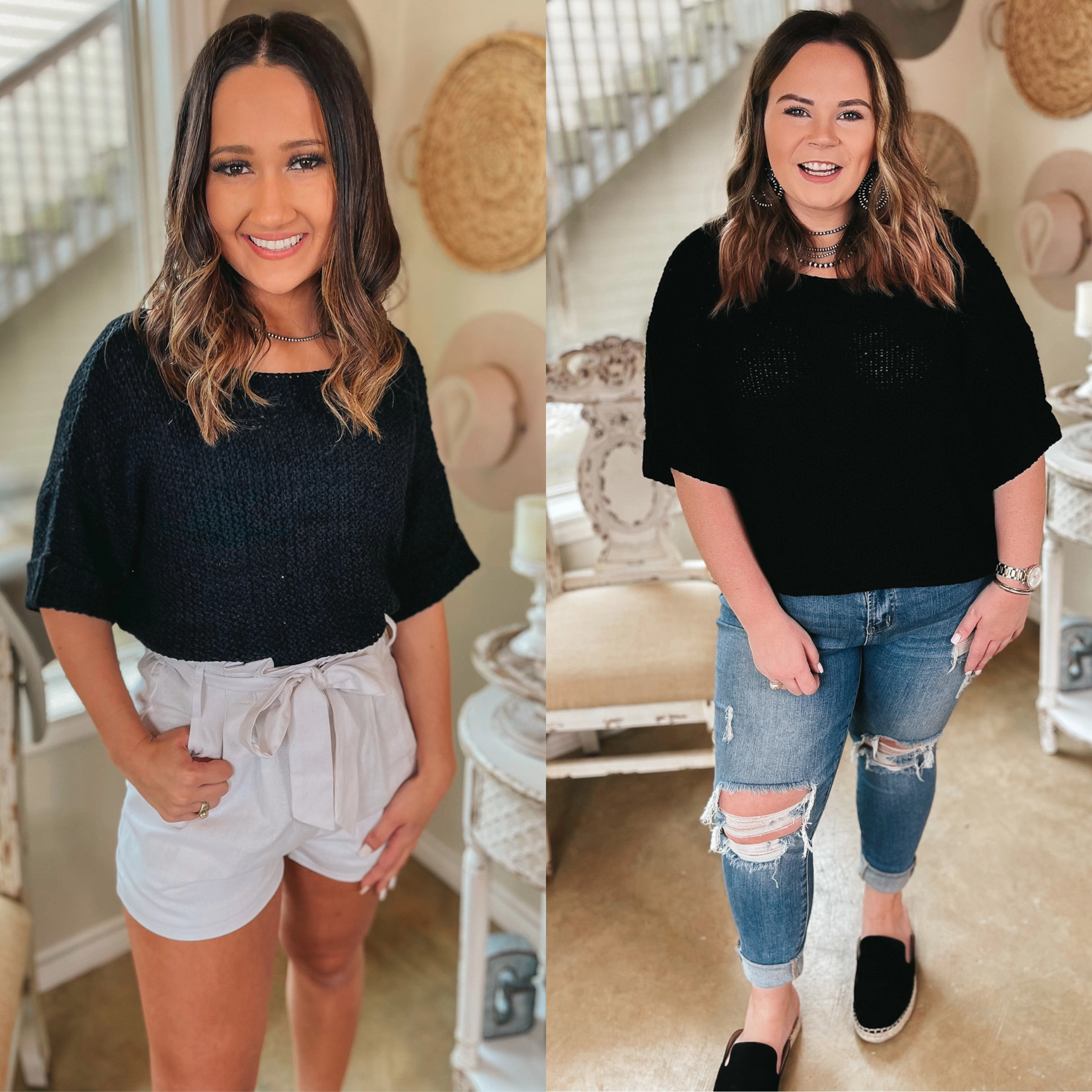 AI Style Repair Fit Last Chance Size Small | Together Again Short Drop Sleeve Cropped Sweater in Black