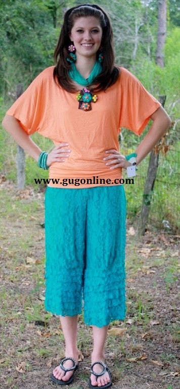 Star Light Cool Edge Last Chance Size Small | Turquoise Lace Capri with Ruffles | ONLY 1 LEFT!