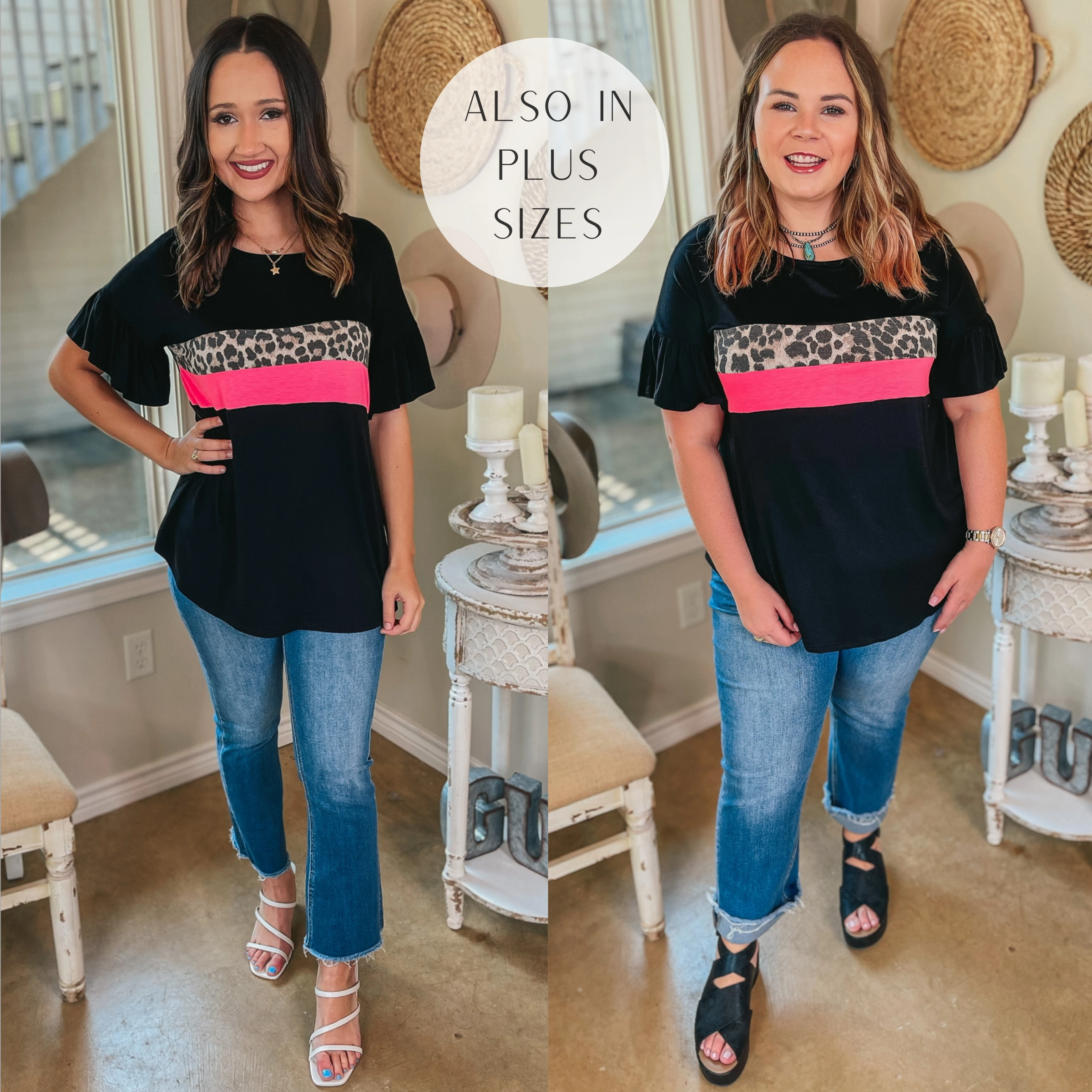 Tight Core Bio Glow Last Chance Size Small | Well Said Leopard and Pink Bust Ruffle Sleeve Top in Black