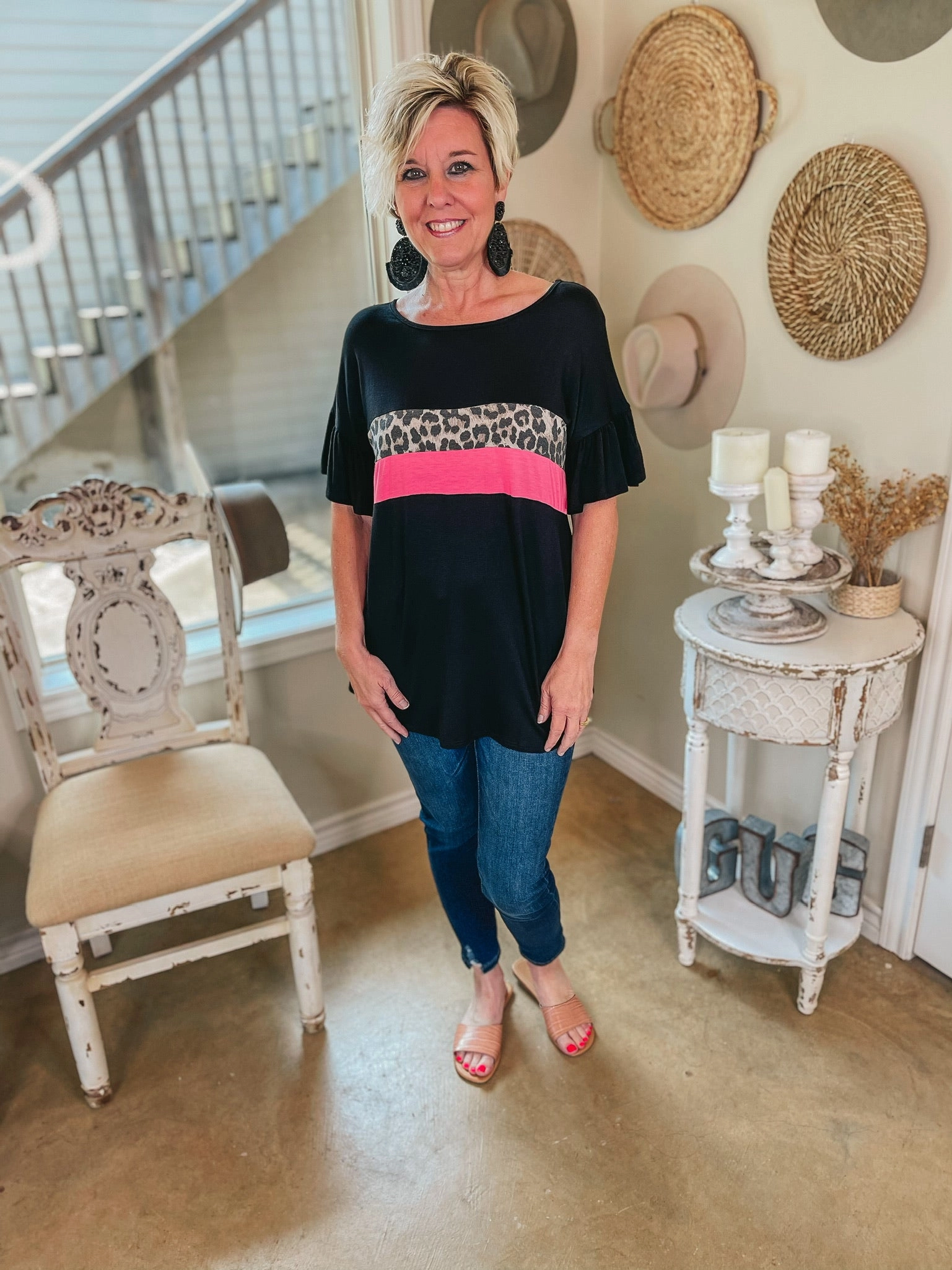 Happy Core Craft Soul Last Chance Size Small | Well Said Leopard and Pink Bust Ruffle Sleeve Top in Black