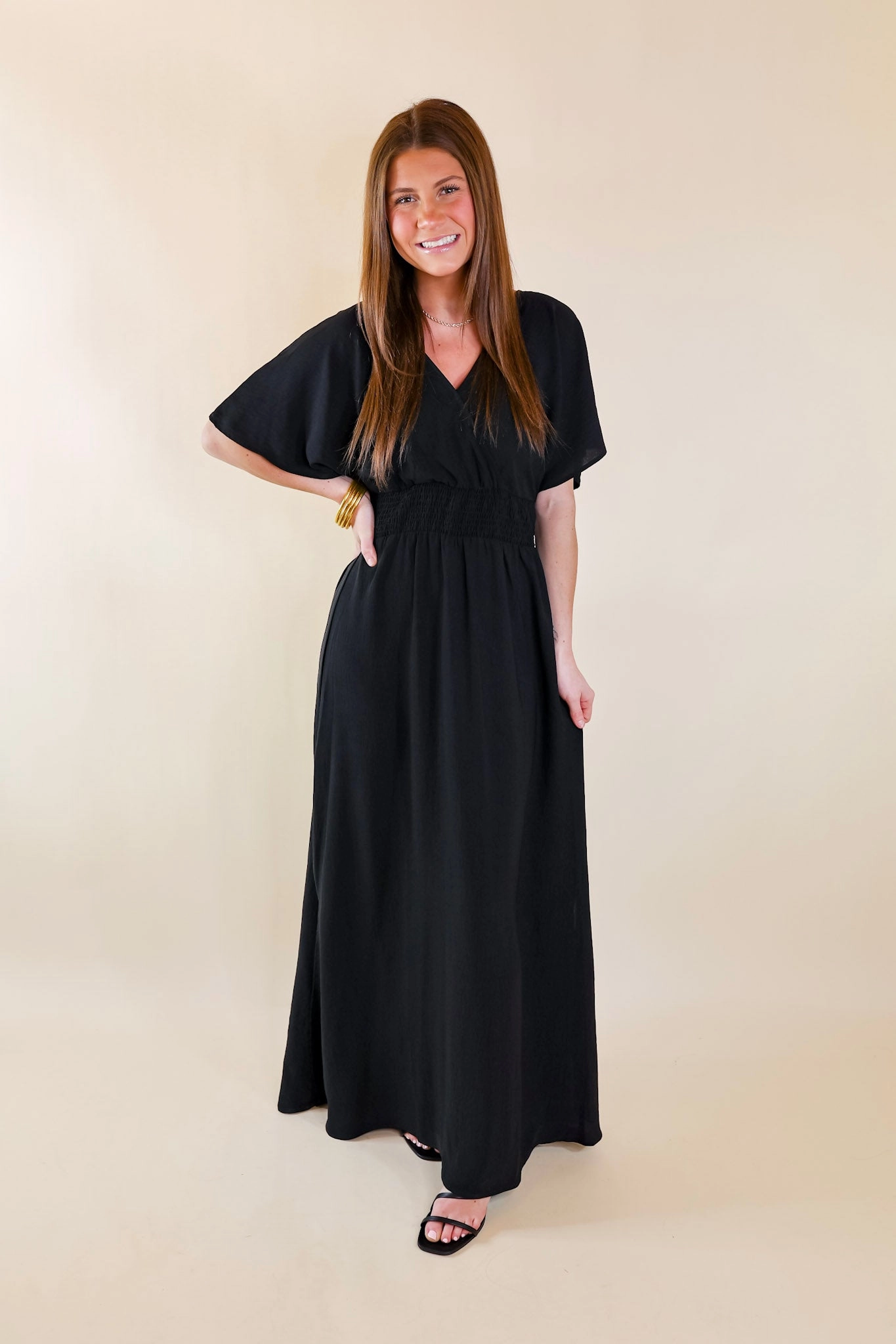 Flow Core Last Chance Size Small | Wildly In Love V Neck Maxi Dress with Smocked Waist in Black