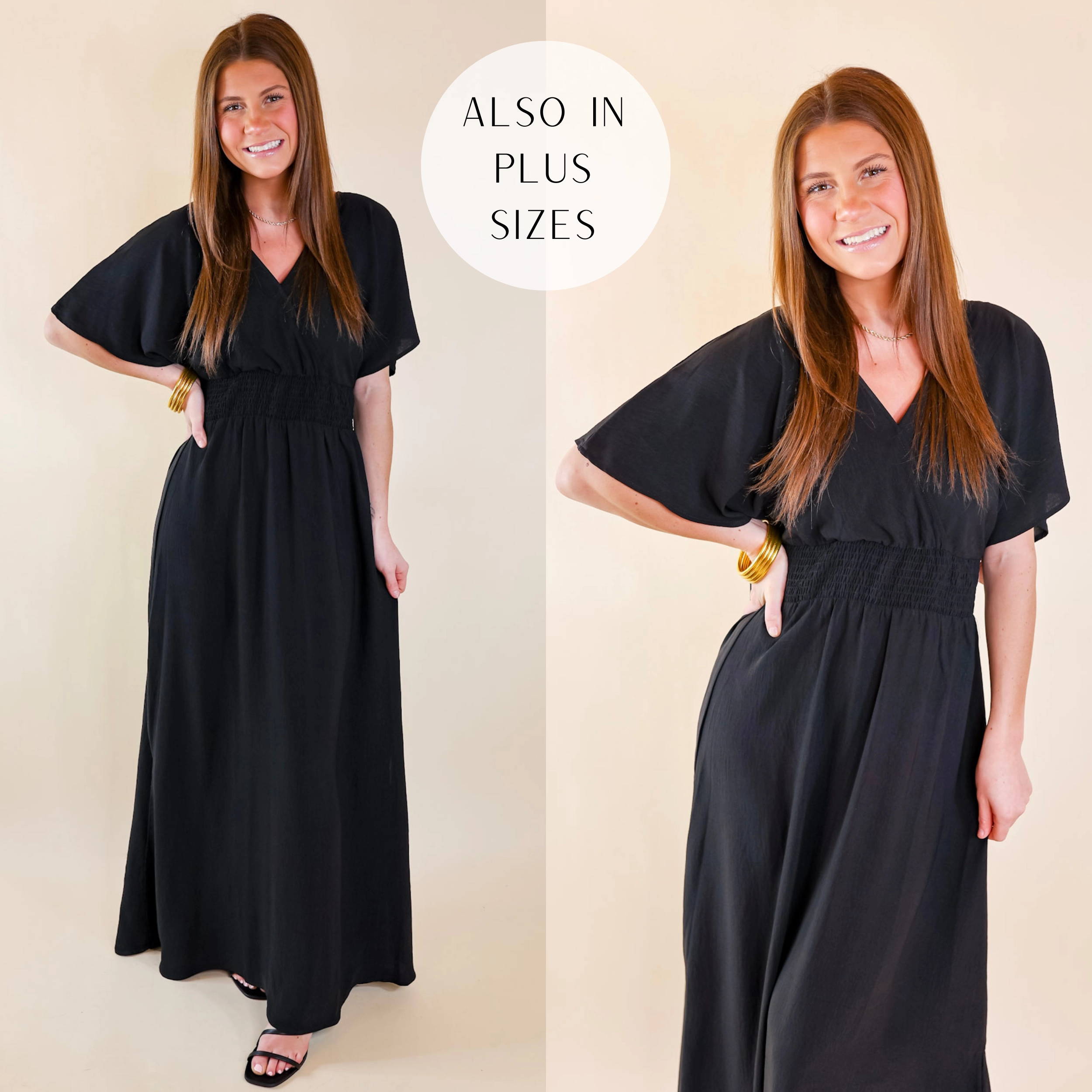 Last Chance Size Small | Wildly In Love V Neck Maxi Dress with Smocked Waist in Black MoistureWicking