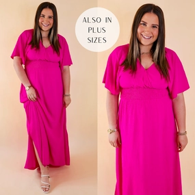 Last Chance Size Small | Wildly In Love V Neck Maxi Dress with Smocked Waist in Fuchsia Pink All-Occasion Evening Glow