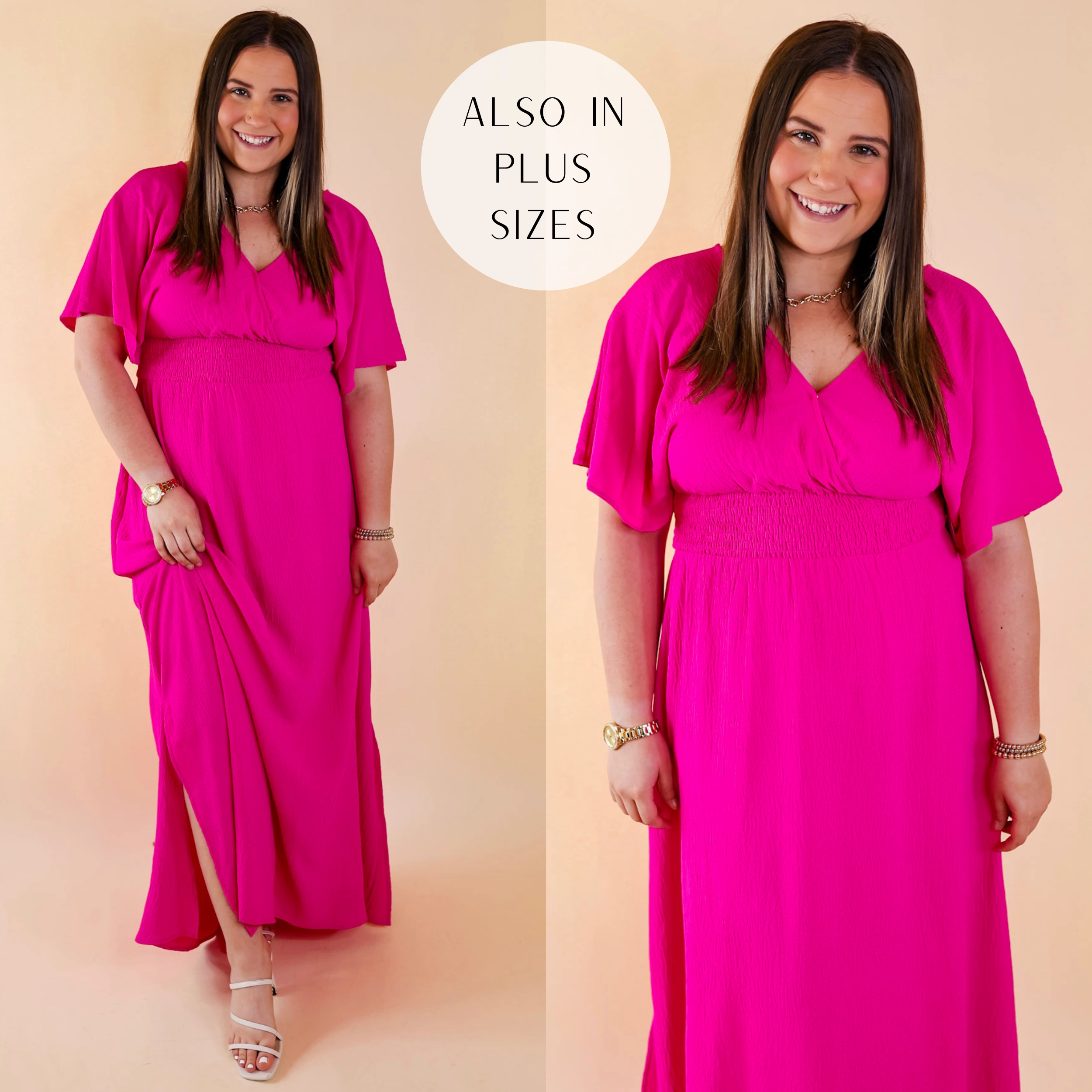 Last Chance Size Small | Wildly In Love V Neck Maxi Dress with Smocked Waist in Fuchsia Pink All-Occasion Evening Glow