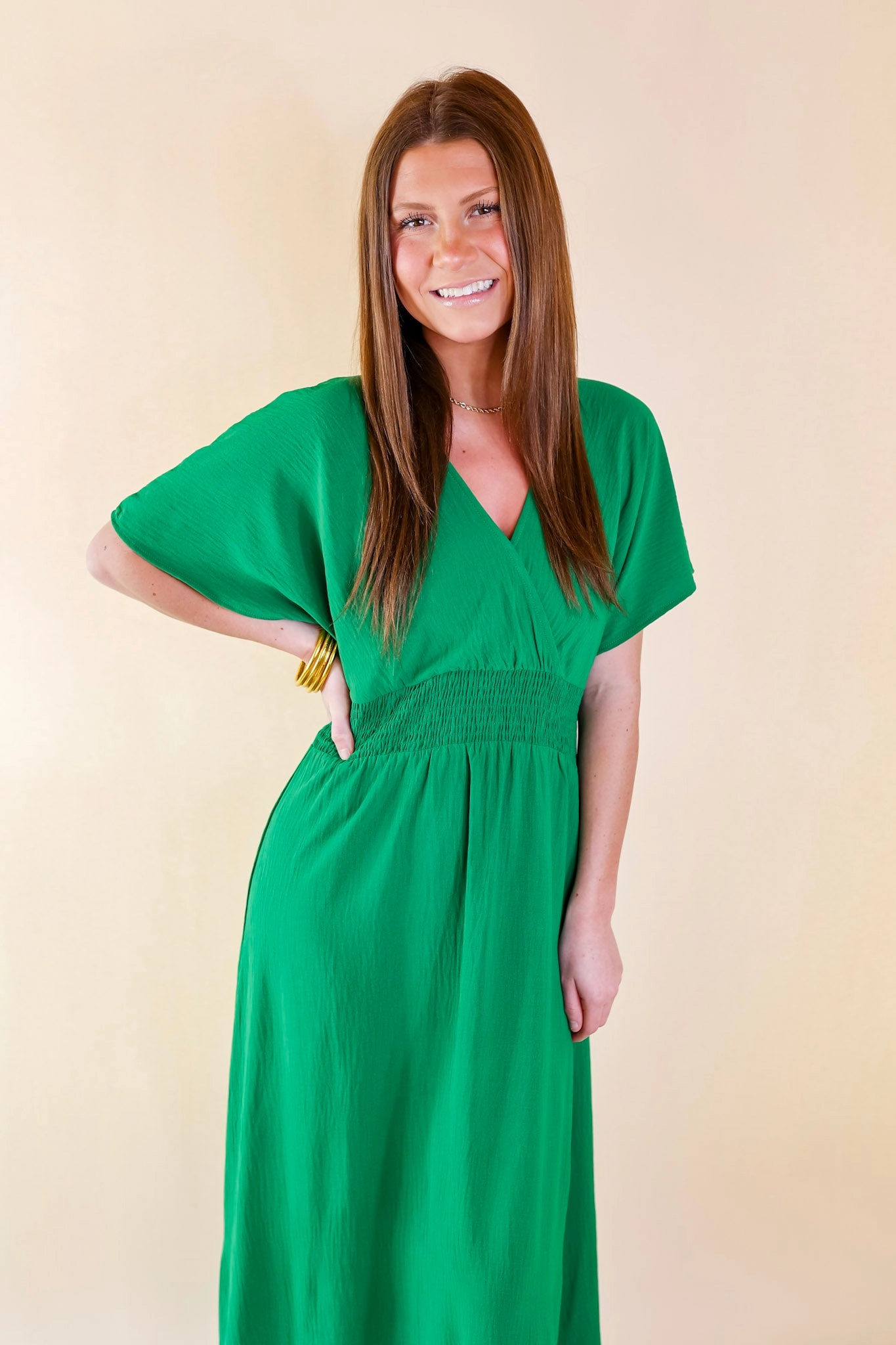 Trendy Jacket Recycled Fit Last Chance Size Small | Wildly In Love V Neck Maxi Dress with Smocked Waist in Green