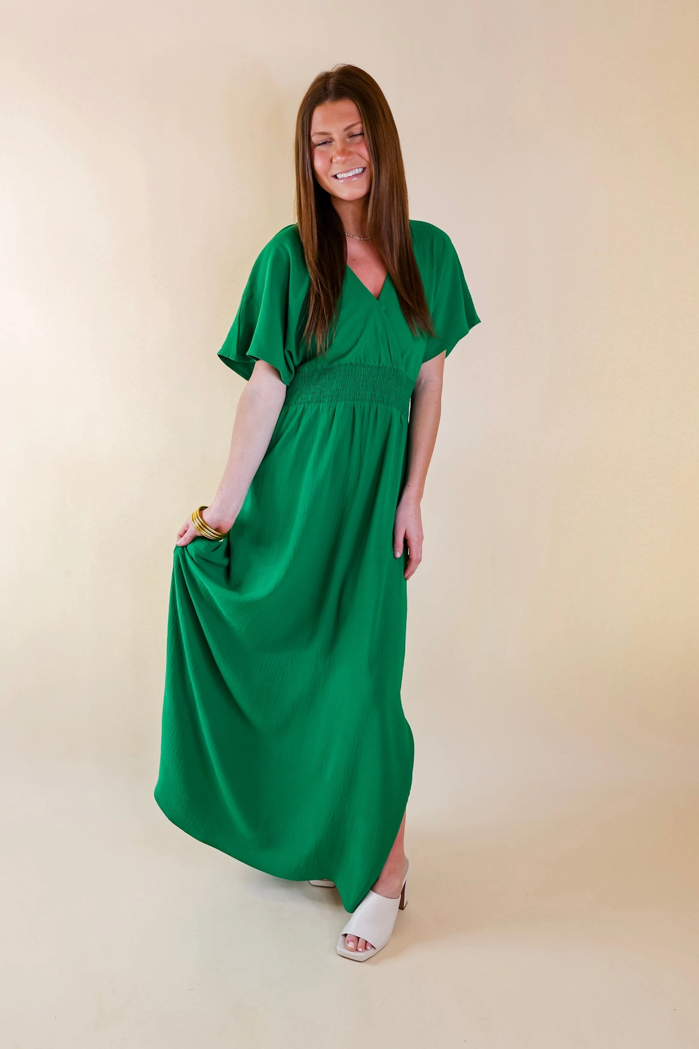 Last Chance Size Small | Wildly In Love V Neck Maxi Dress with Smocked Waist in Green Drive Core