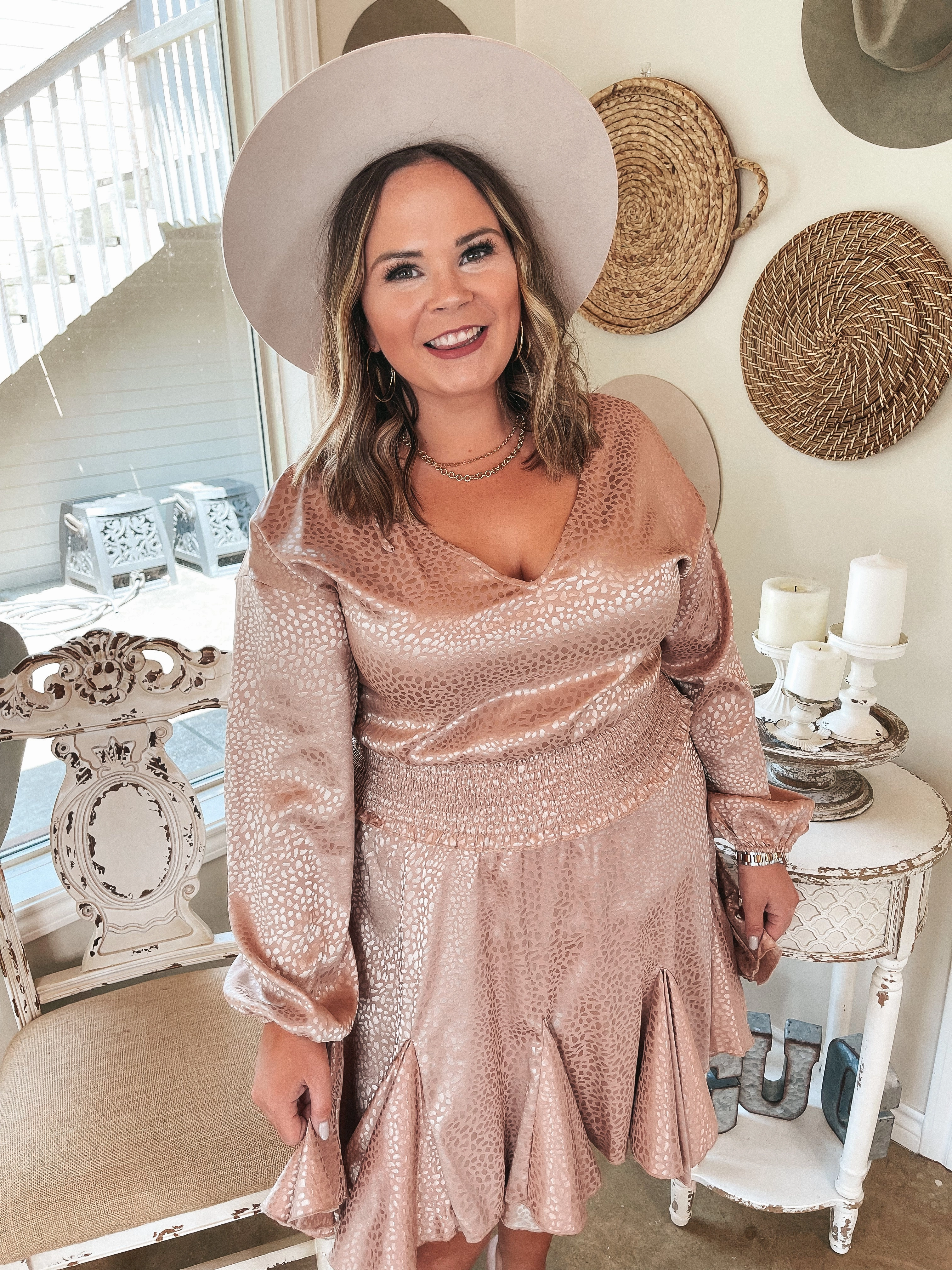 Cool Frame Last Chance Size Small | Wine Toast Dotted Smocked Waist V Neck Satin Dress in Blush