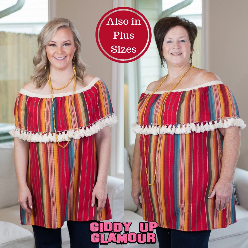 Last Chance Size Small | You Get What You Get Off Shoulder Tunic with Tassels in Red Serape Calm Tone
