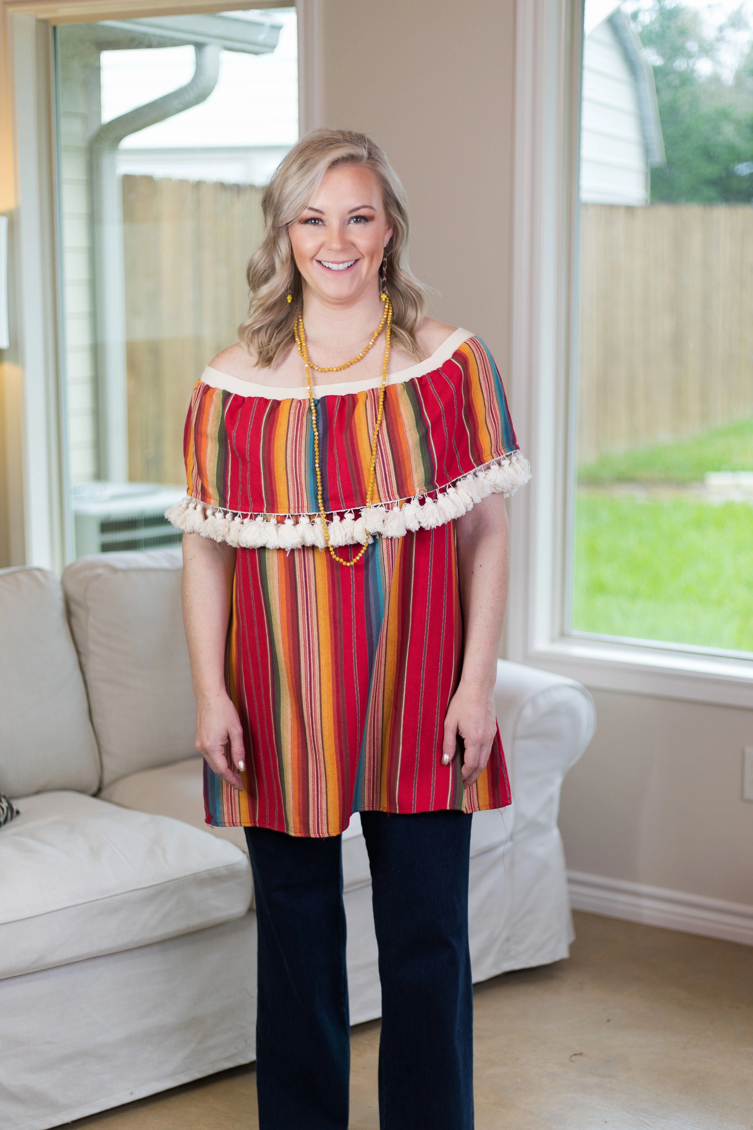 Last Chance Size Small | You Get What You Get Off Shoulder Tunic with Tassels in Red Serape Trendy Outerwear Easy Fit