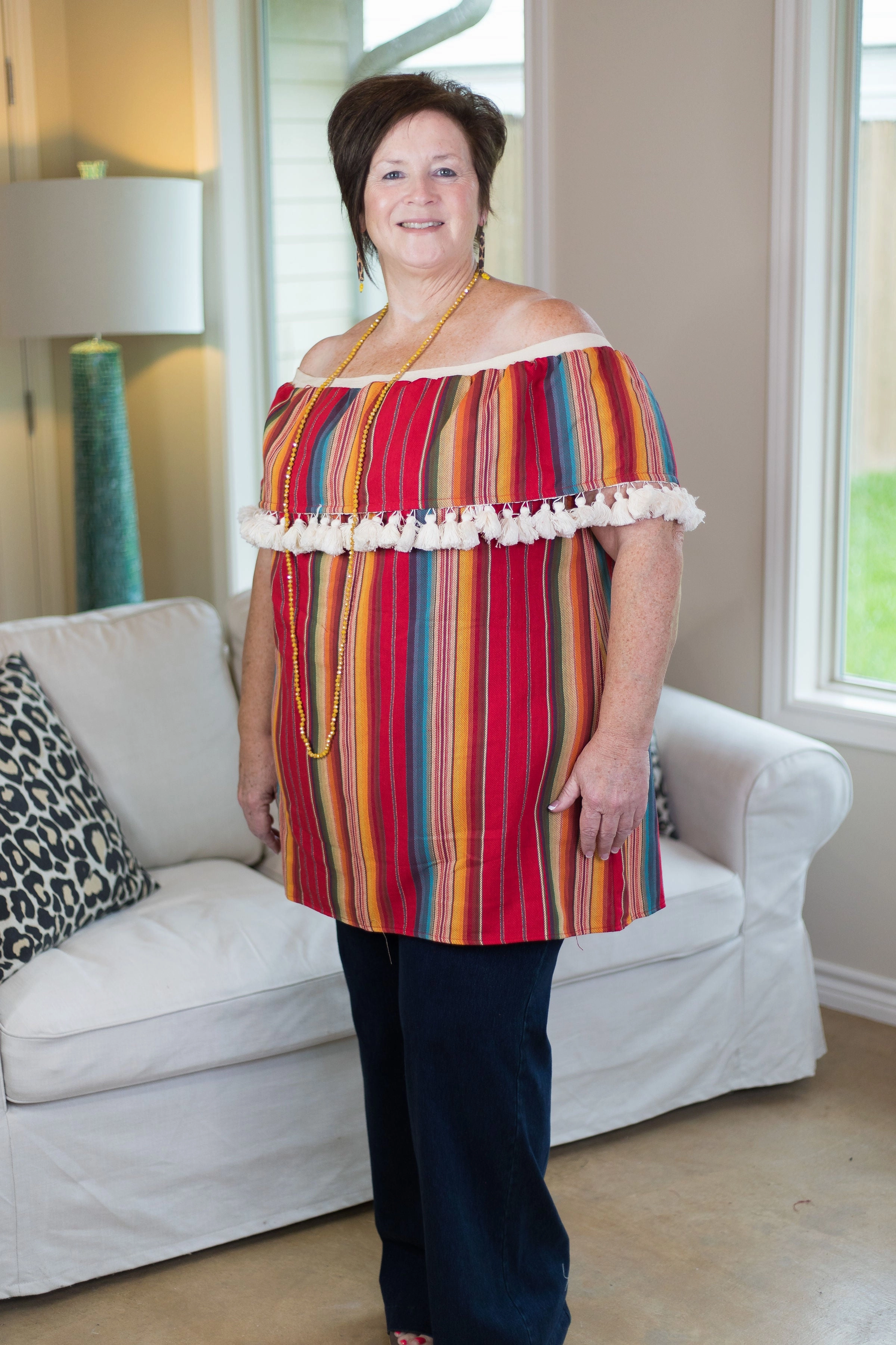 Last Chance Size Small | You Get What You Get Off Shoulder Tunic with Tassels in Red Serape NonRestrictive Fit Business Outfit