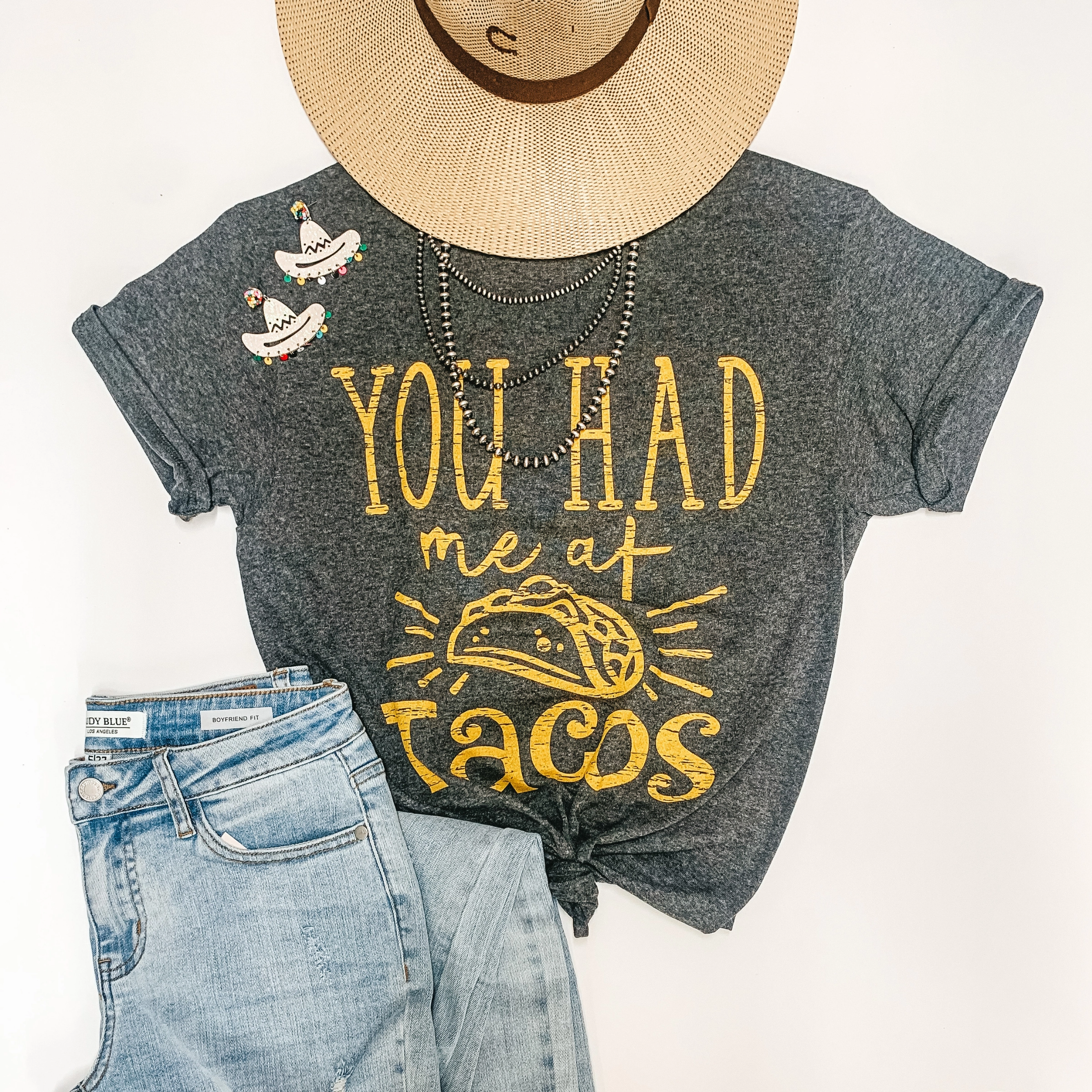 Sharp Look Last Chance Size Small | You Had Me at Tacos Short Sleeve Graphic Tee in Charcoal Grey