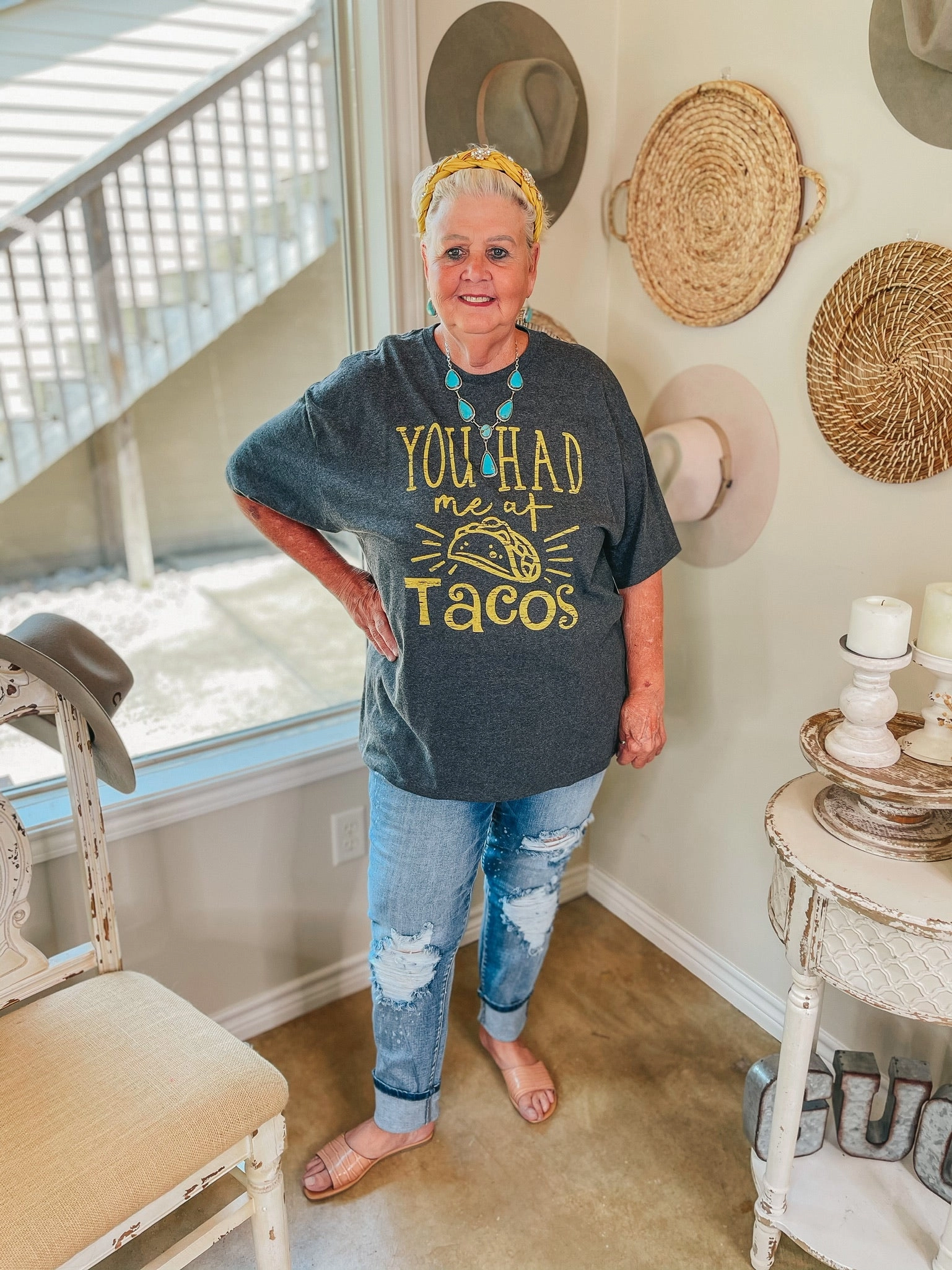 Last Chance Size Small | You Had Me at Tacos Short Sleeve Graphic Tee in Charcoal Grey Virtual Fit Summer Style