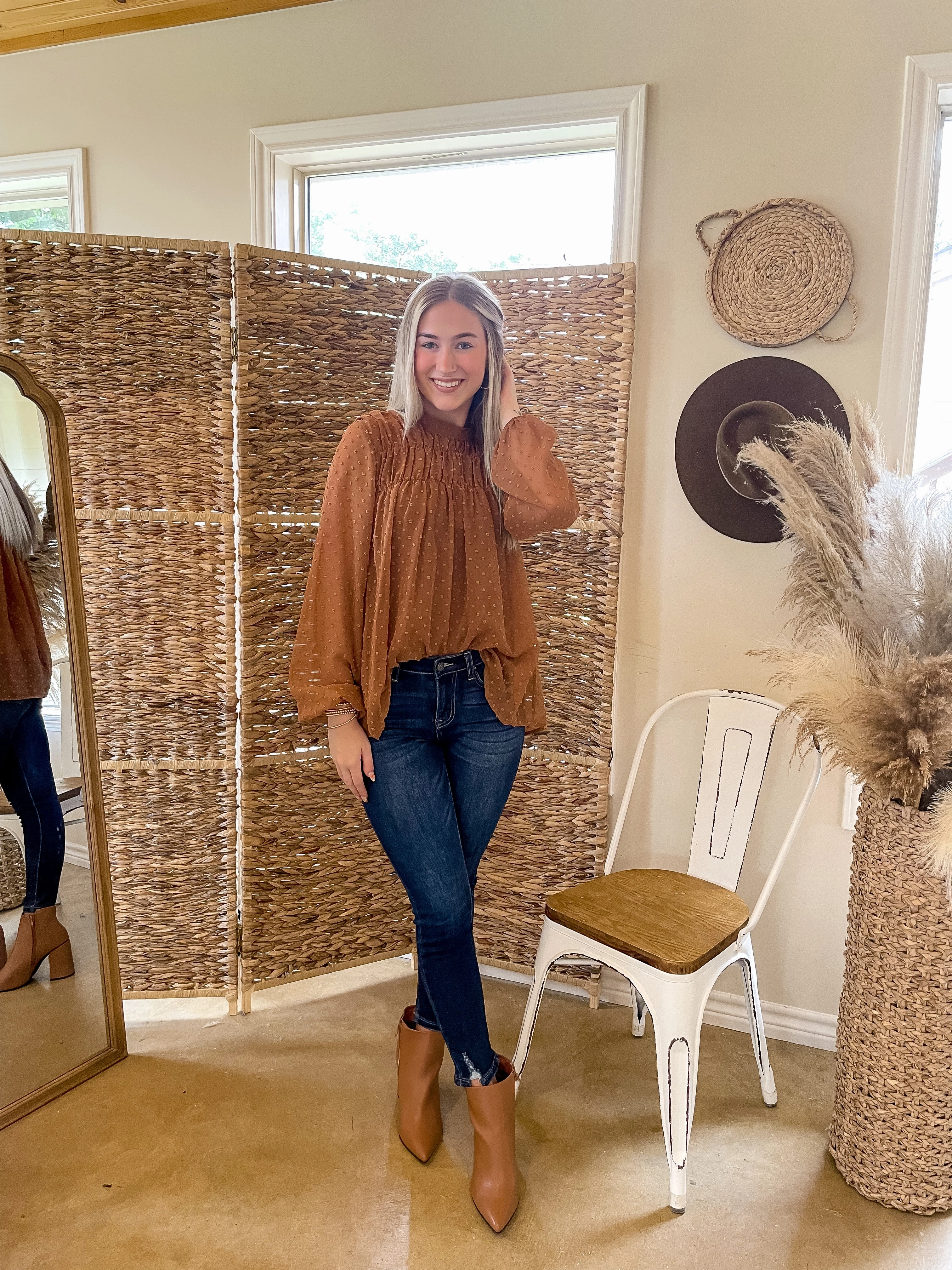 Last Chance Size Small & 1XL | Lattes At The Lodge High Neck Swiss Dot Top in Rust Brown Sporty Jacket Muse Edge