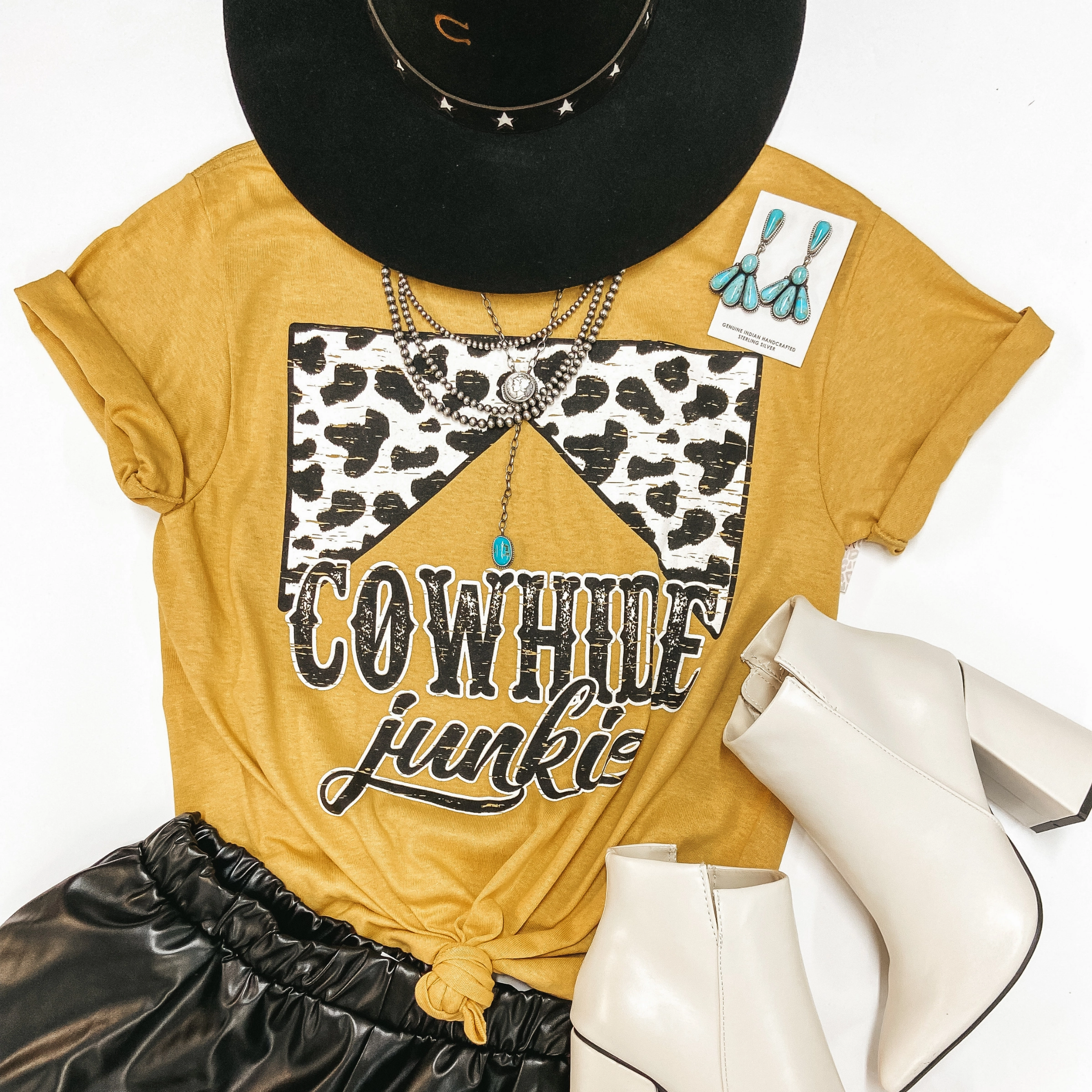 Code Soul Trend Vibe Last Chance Size Small & Large | Cowhide Junkie Short Sleeve Graphic Tee in Mustard Yellow