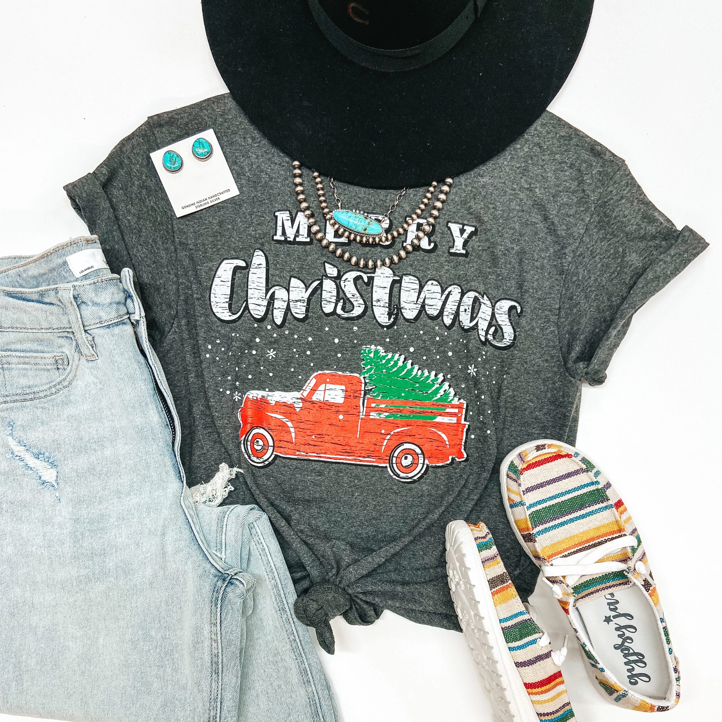 Last Chance Size Small & Large | Merry Christmas Pick Up Truck Short Sleeve Graphic Tee in Charcoal Heather Grey Smooth Yarn Seamless Sleeve Construction