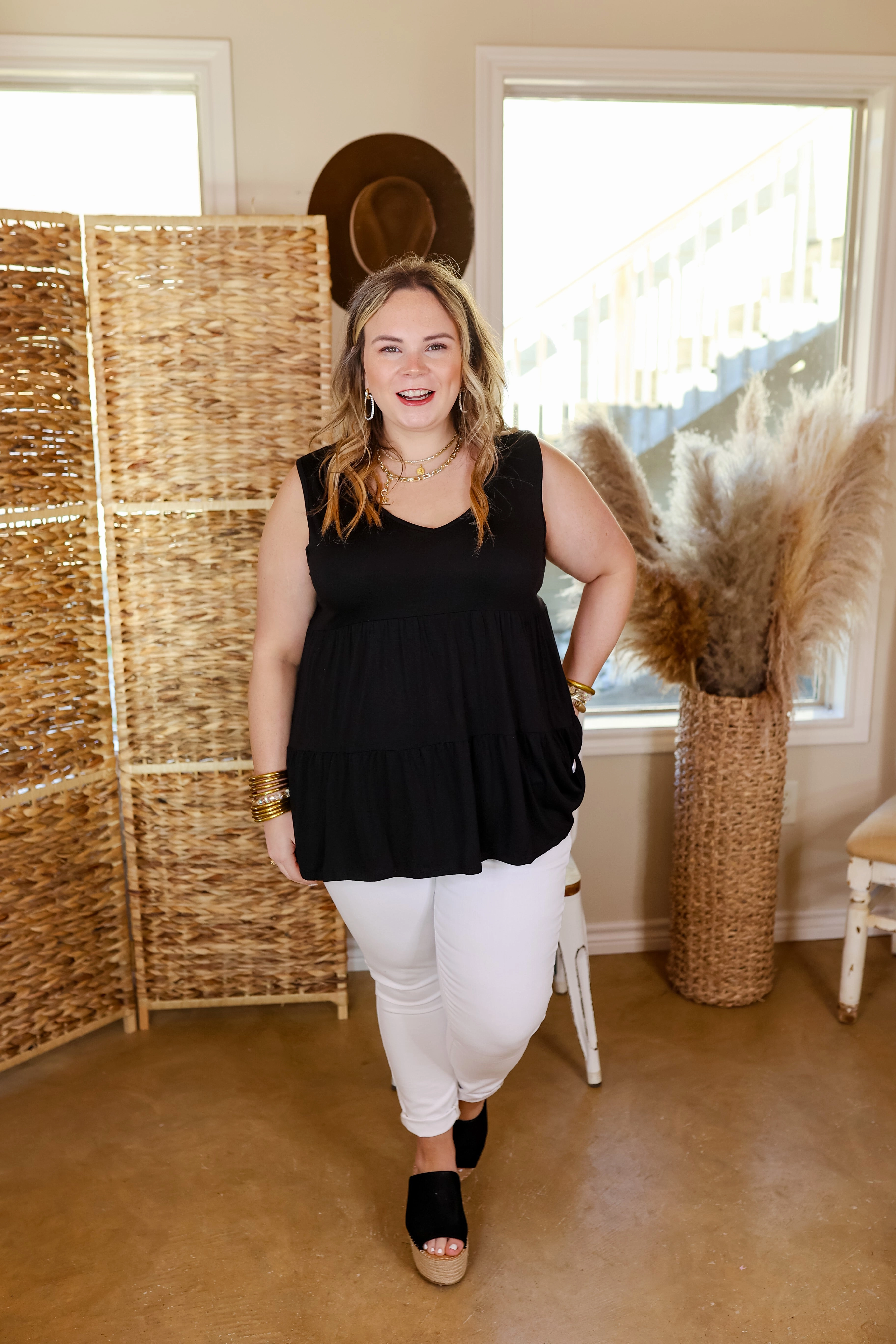 Last Chance Size Small & Large | Most Love Tiered Tank Top with V Neckline in Black Planet Care