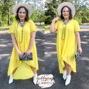 Formal Shirt Last Chance Size Small & Med. | Girl On Fire Short Sleeve High-Low Dress with V-Neck in Lemon Yellow